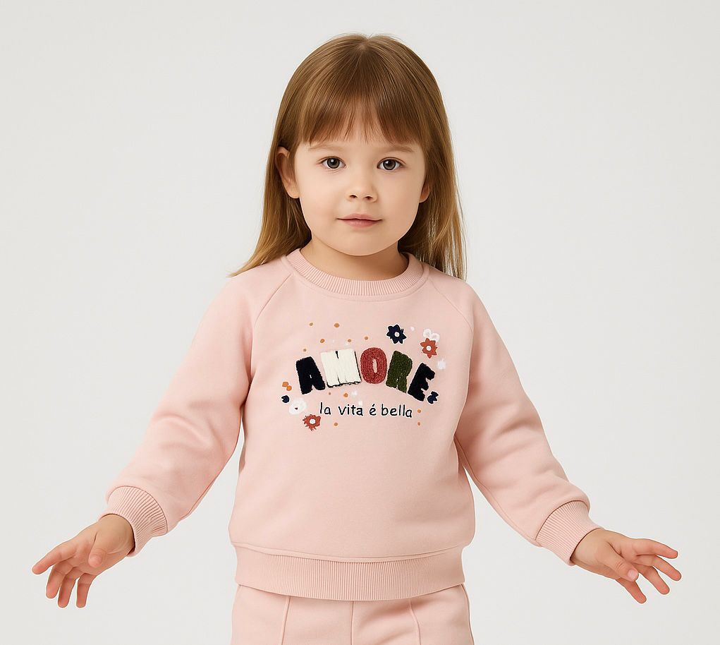Amore Nakış Detaylı %100 Pamuk 2 İplik Kız Çocuk Sweatshirt - Pembe
