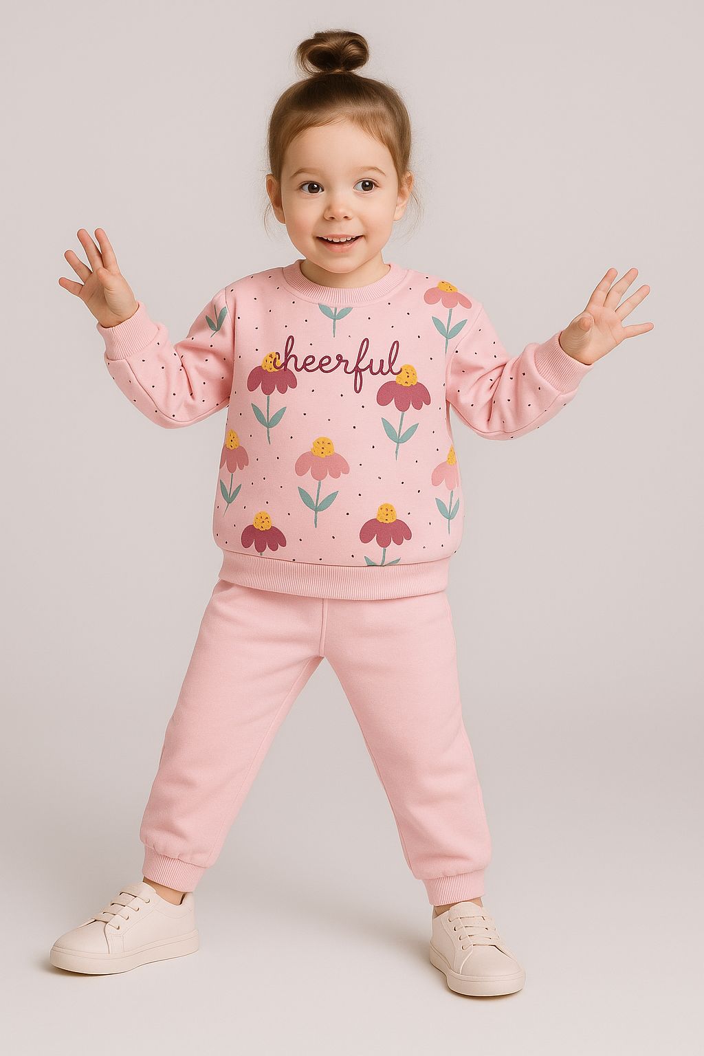 Cheerful Baskılı %100 Pamuk 2 iplik Alt Üst Kız Çocuk Takım - Pembe