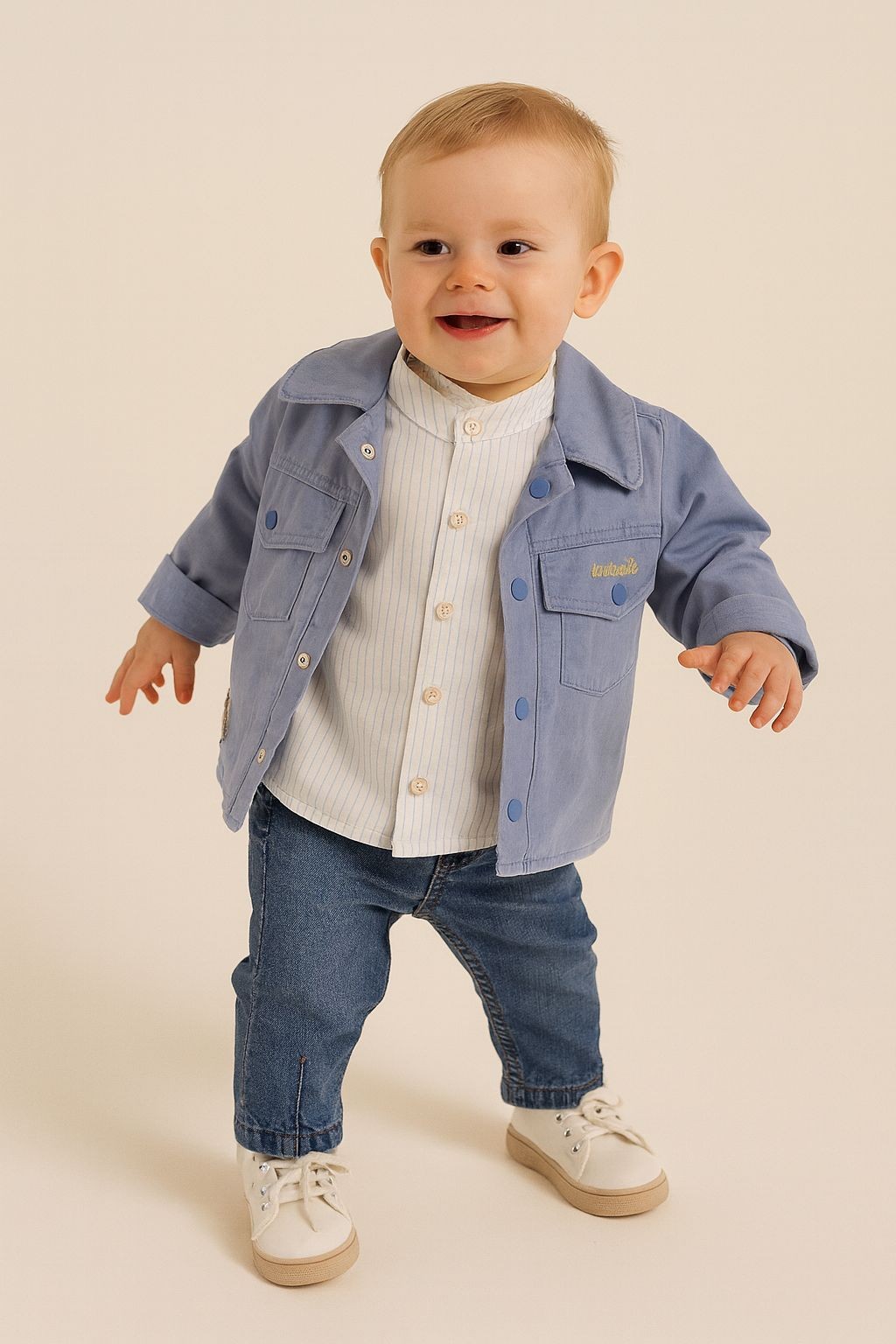 Denim Ceketli  Gömlek Pantolon % 100 Pamuklu Erkek Bebek Takım  - Mavi