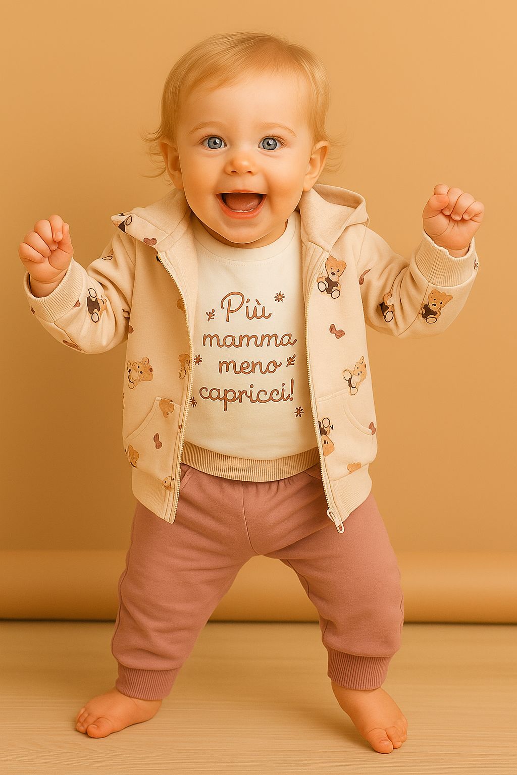 Bear Kapüşonlu Fermuarlı Hırkalı Kız Bebek 3'lü Takım