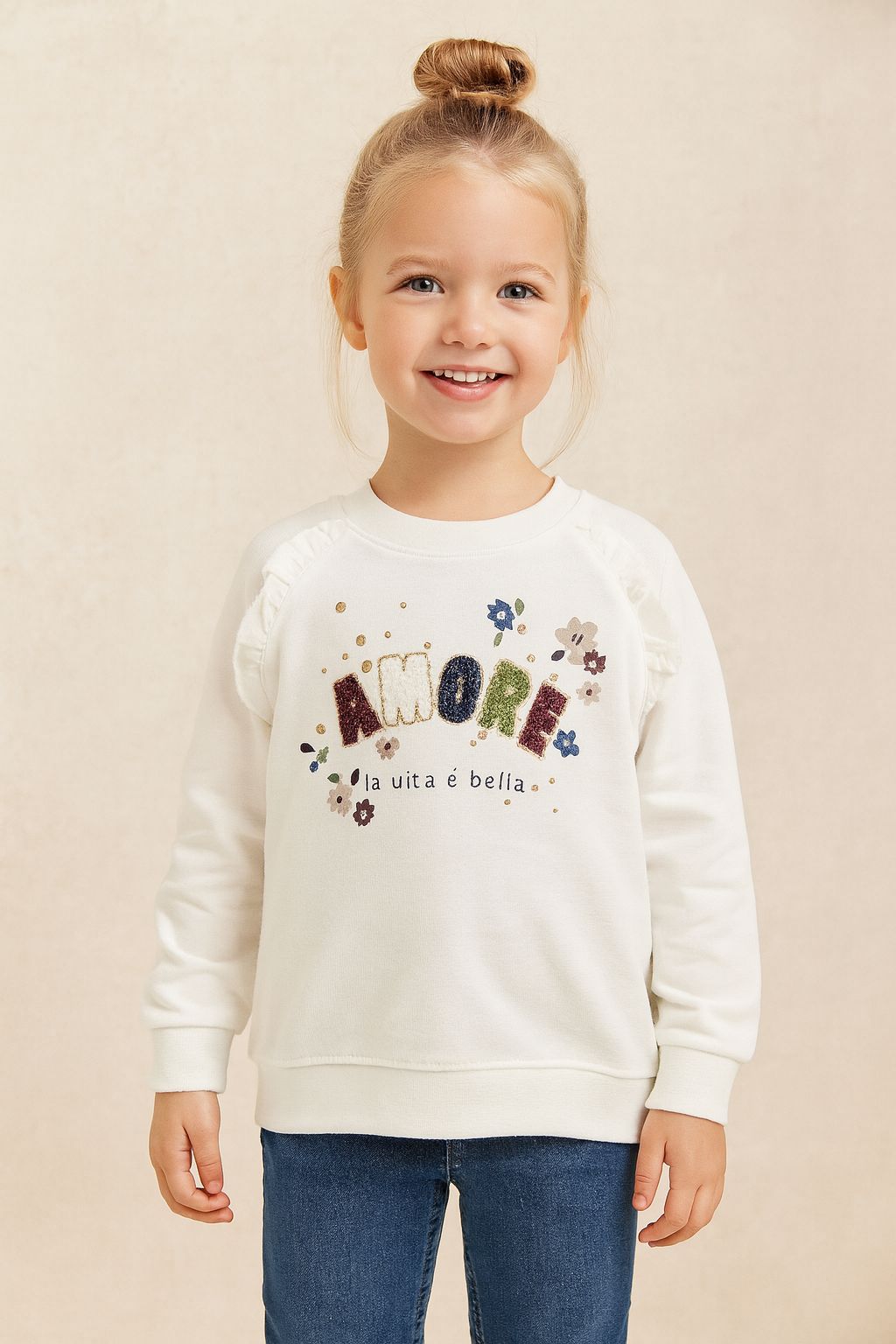 Amore Nakış Detaylı %100 Pamuk 2 İplik Kız Çocuk Sweatshirt - Beyaz