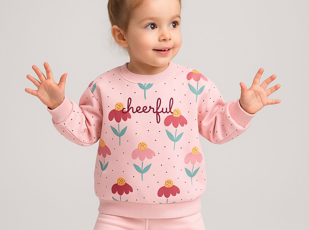 Cheerful Baskılı %100 Pamuk 2 İplik Kız Çocuk Sweatshirt - Pembe