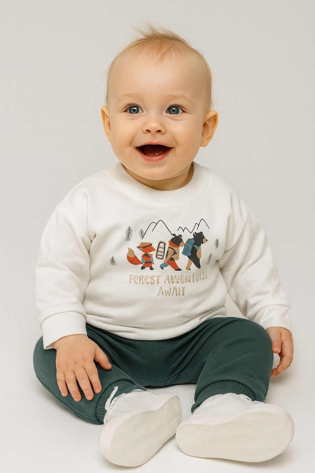  Ön Animal  Desenli  Bisiklet Yaka2 İplik Erkek Bebek Sweatshirt - Beyaz