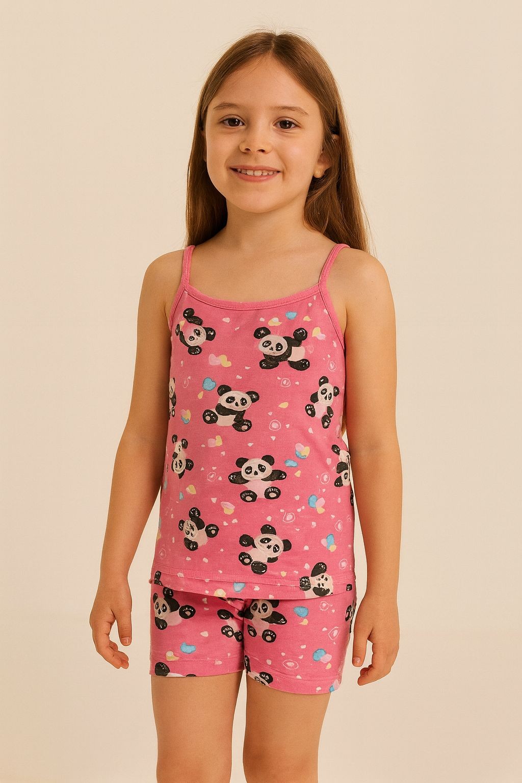 Kız Çocuk Sarı Panda Model Atlet Boxer Takım - Pembe