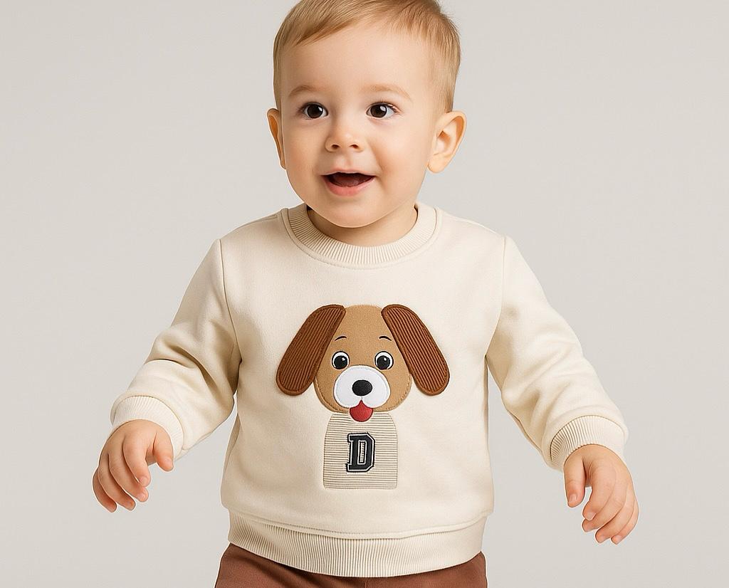 Kulak Aplikeli Baskılı 2 İplik Pamuk Erkek Bebek Sweatshirt
