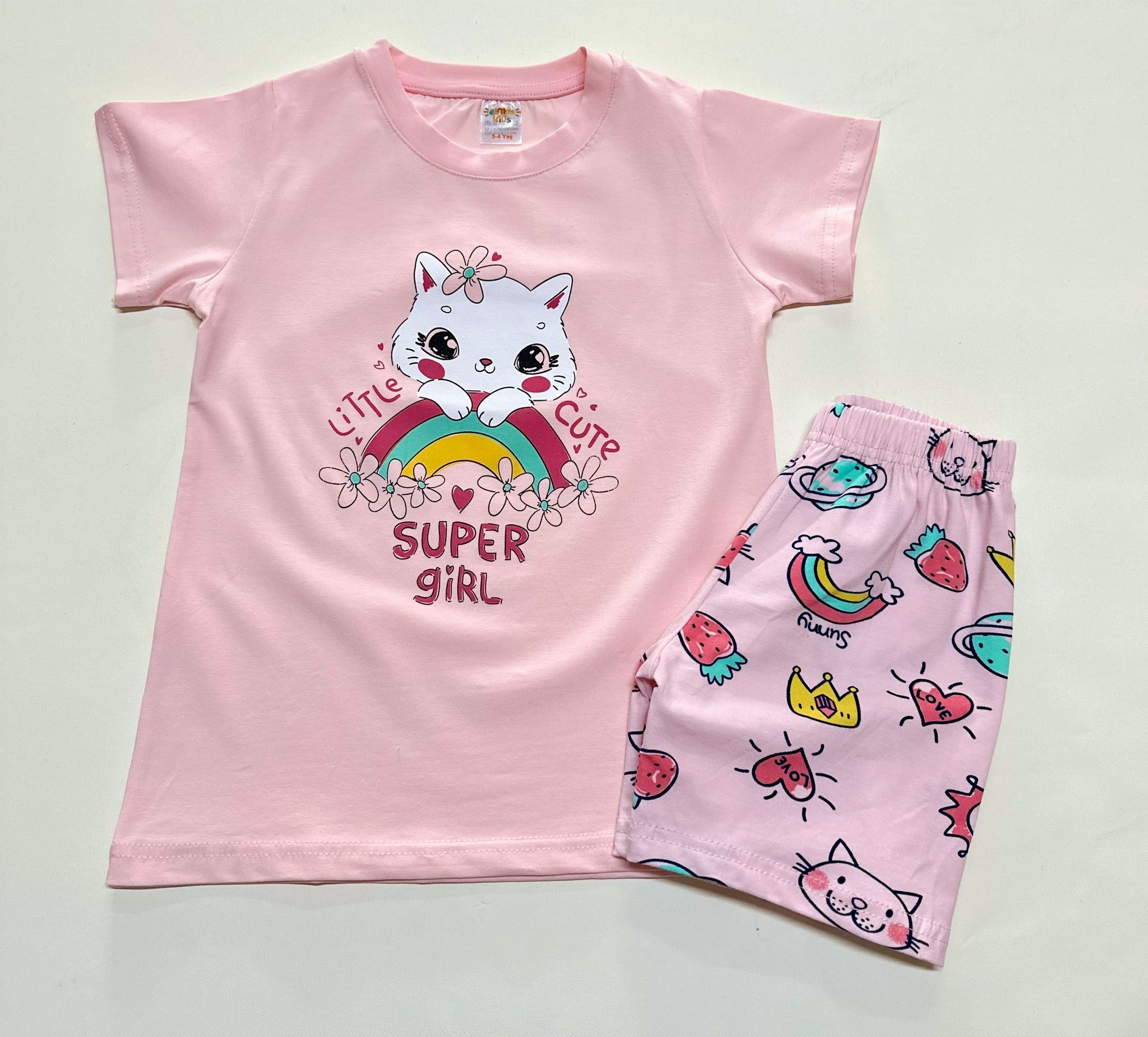 Kız Çocuk Pembe Kedi Kısa Kol Şortlu Pijama Takım