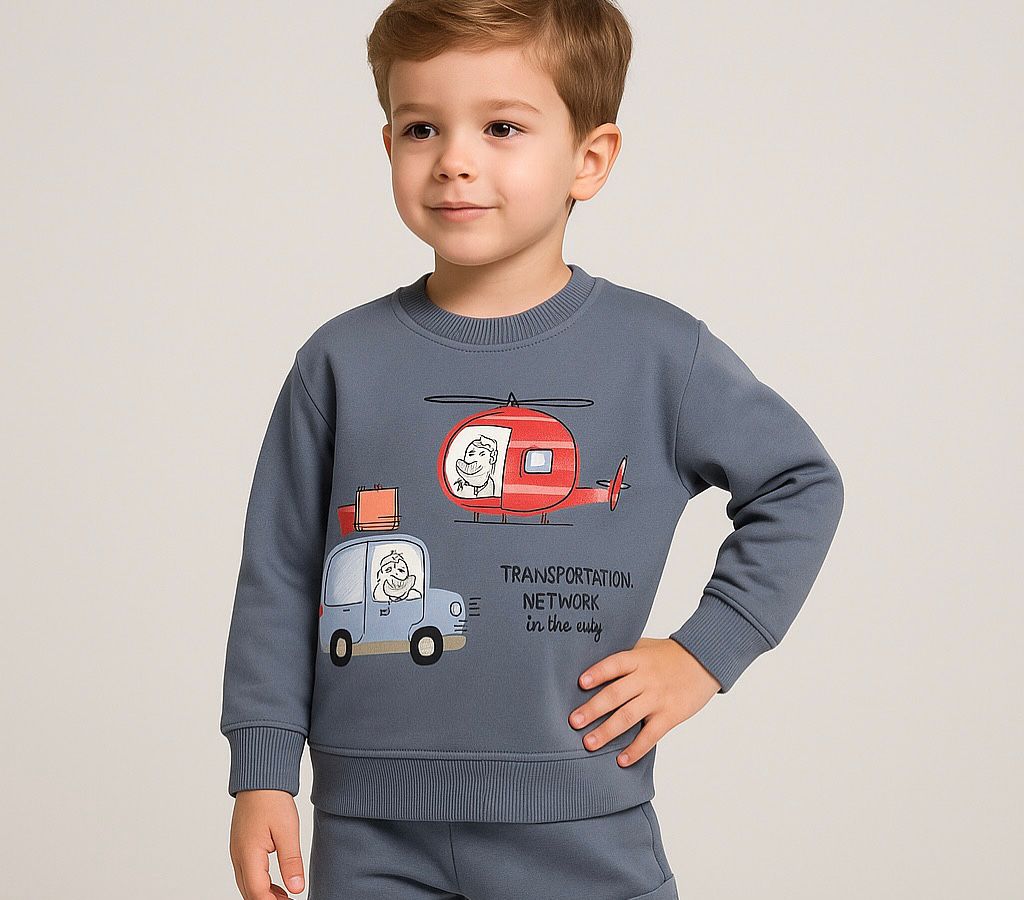 Transportation Baskılı 2 İplik %100 Pamuk Erkek Çocuk Sweatshirt - İndigo