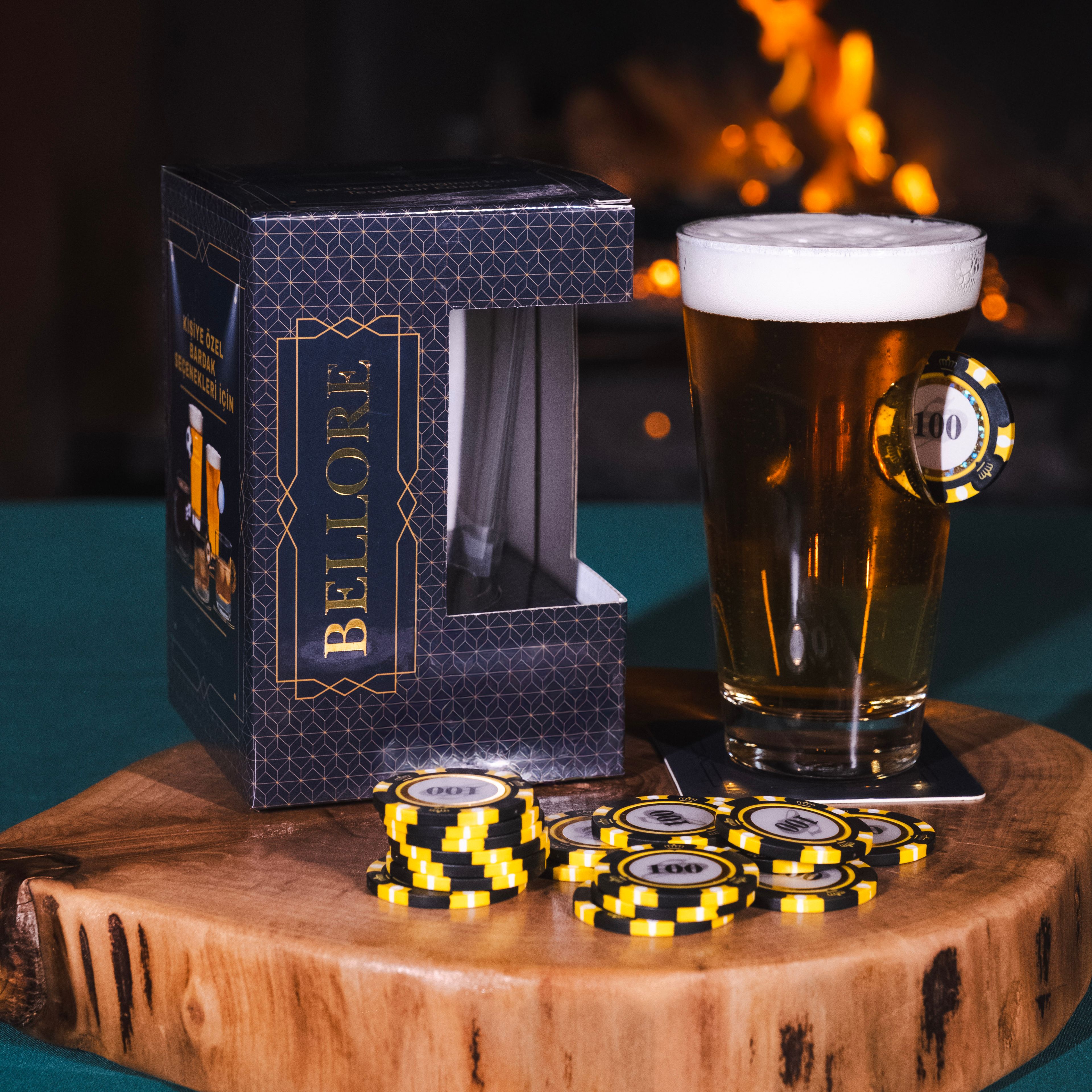 Poker Çipli Fişi Pullu Özel Bira Bardağı Çip 455cc