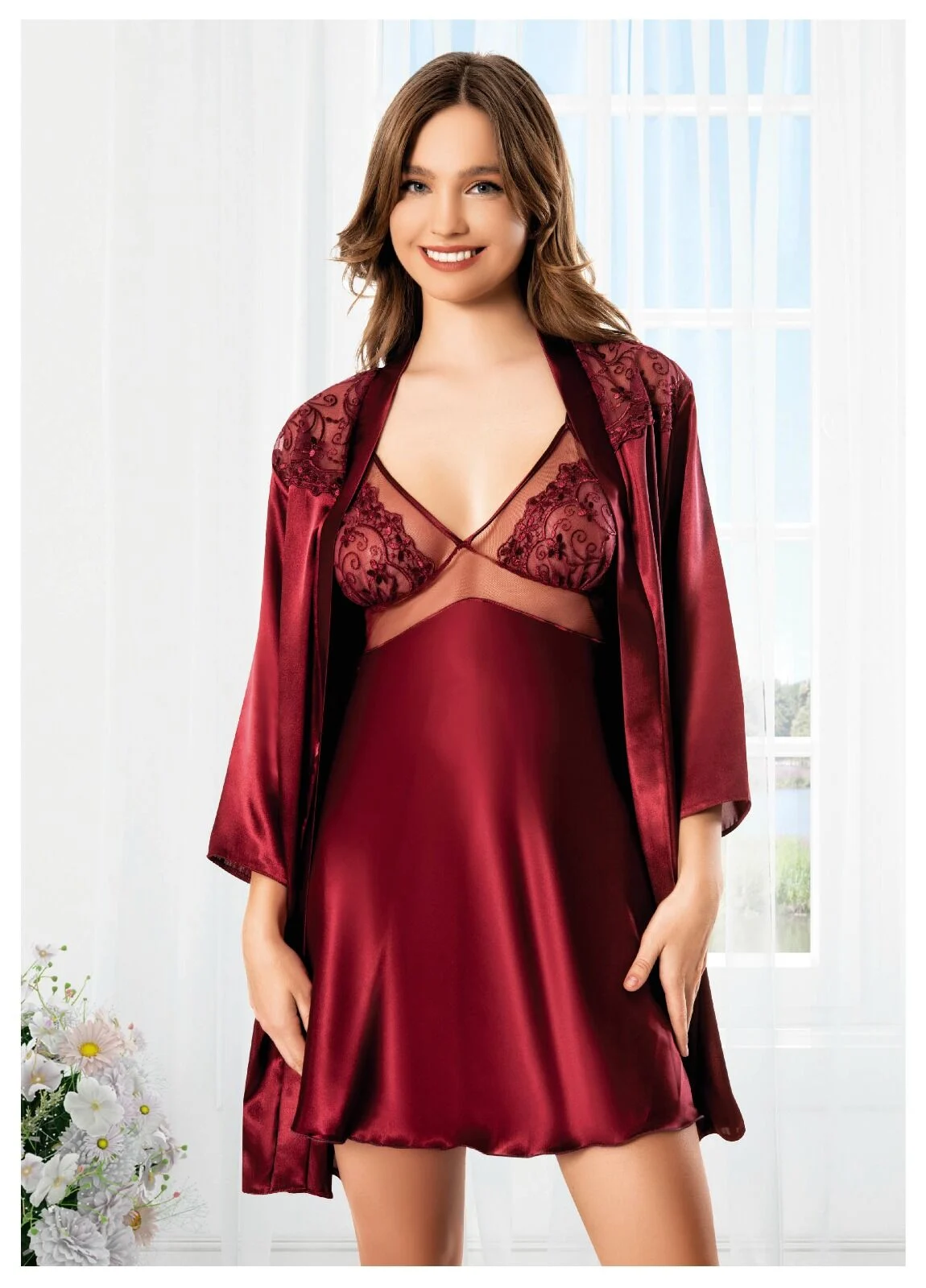 2’li Transparan Detaylı Dantelli Saten Gecelik & Sabahlık Takımı