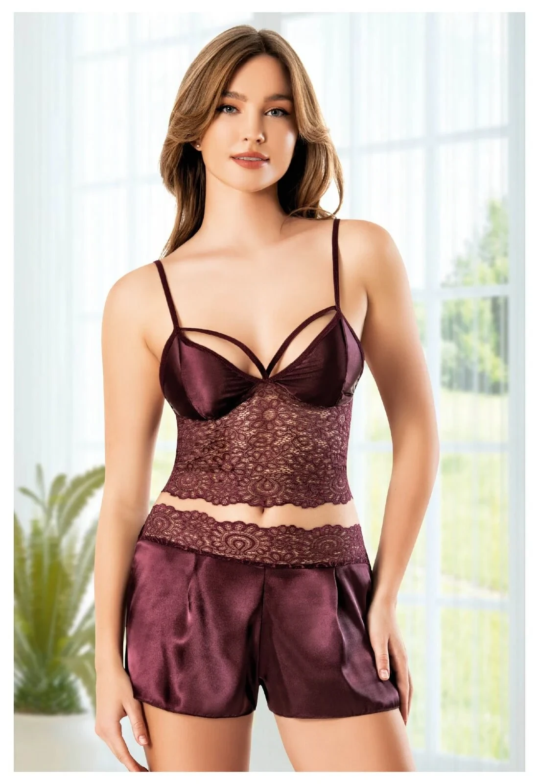 Dantelli Şortlu 2’li Saten Pijama Takımı - Bordo