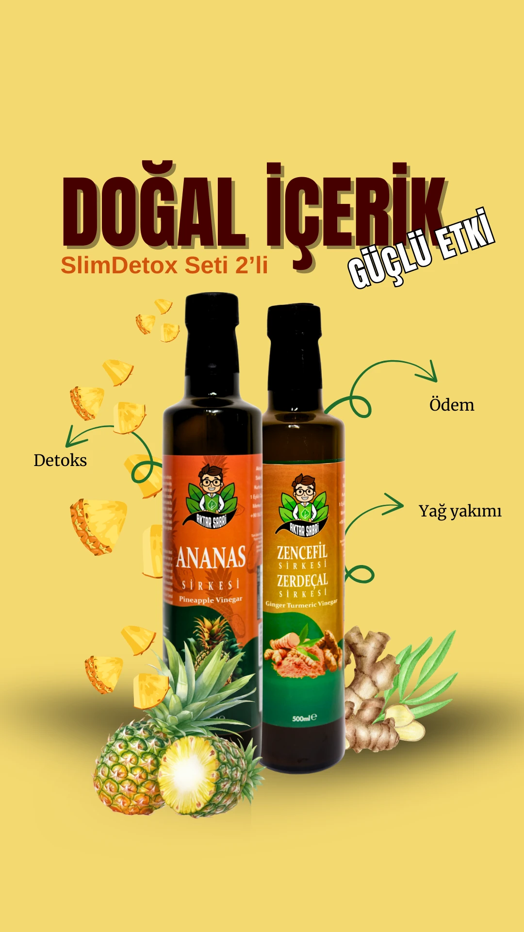 aktar sabri SlimDetox Seti 2’li – Ananas & Zencefil Zerdeçal Sirkesi (500 ml)
