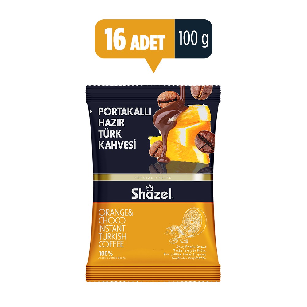 Shazel Orange & Choco Instant Turkish Coffee – 100g x 16 Pieces 