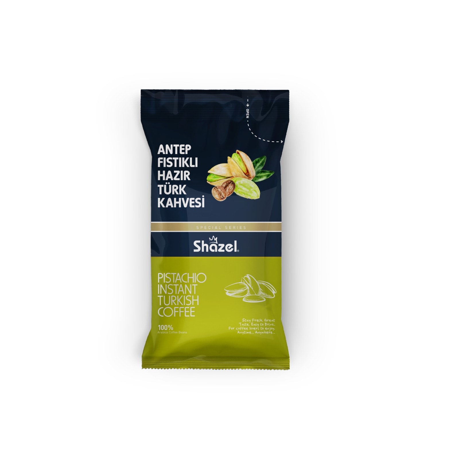 Shazel ANTEP FISTIKLI HAZIR TÜRK KAHVESİ OFİS SETİ 12G X 10 ADET X 12 KUTU X 1 KOLİ (Aromalı)