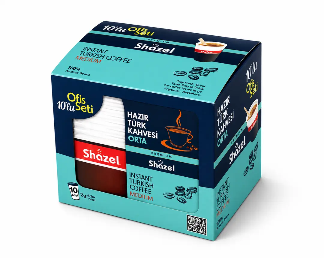 Shazel Instant Turkish Coffee Medium Sugar – Office Box 9G x 10 Pieces