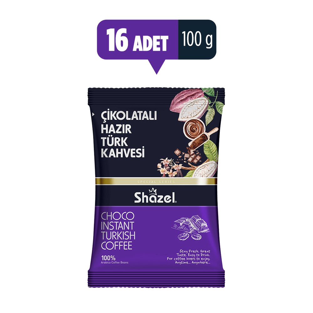 SHAZEL Çikolatalı Hazır Türk Kahvesi 100G (100 gr x 16 Adet)