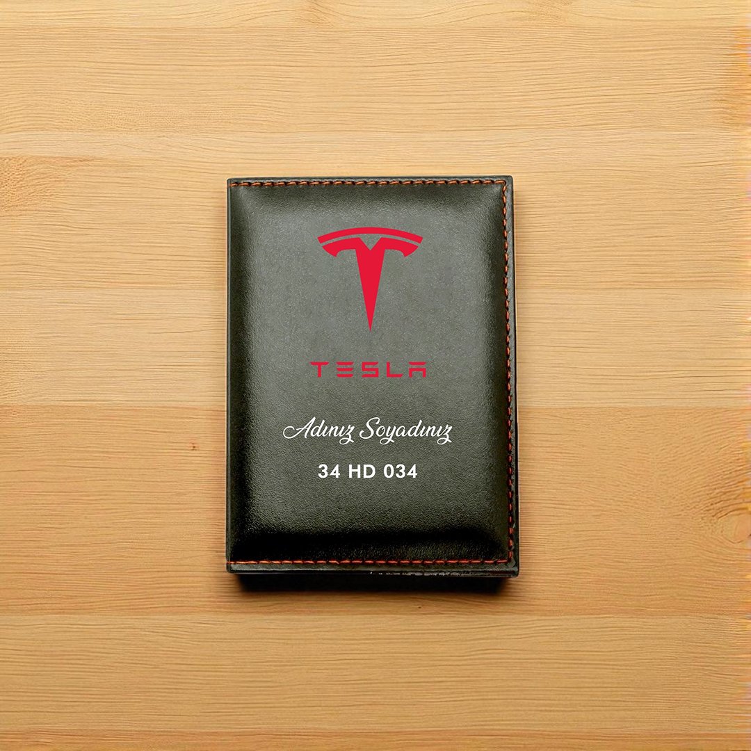Kişiye Özel Tesla Logolu Deri Ruhsat Kılıfı – Siyah & Kırmızı Tasarım