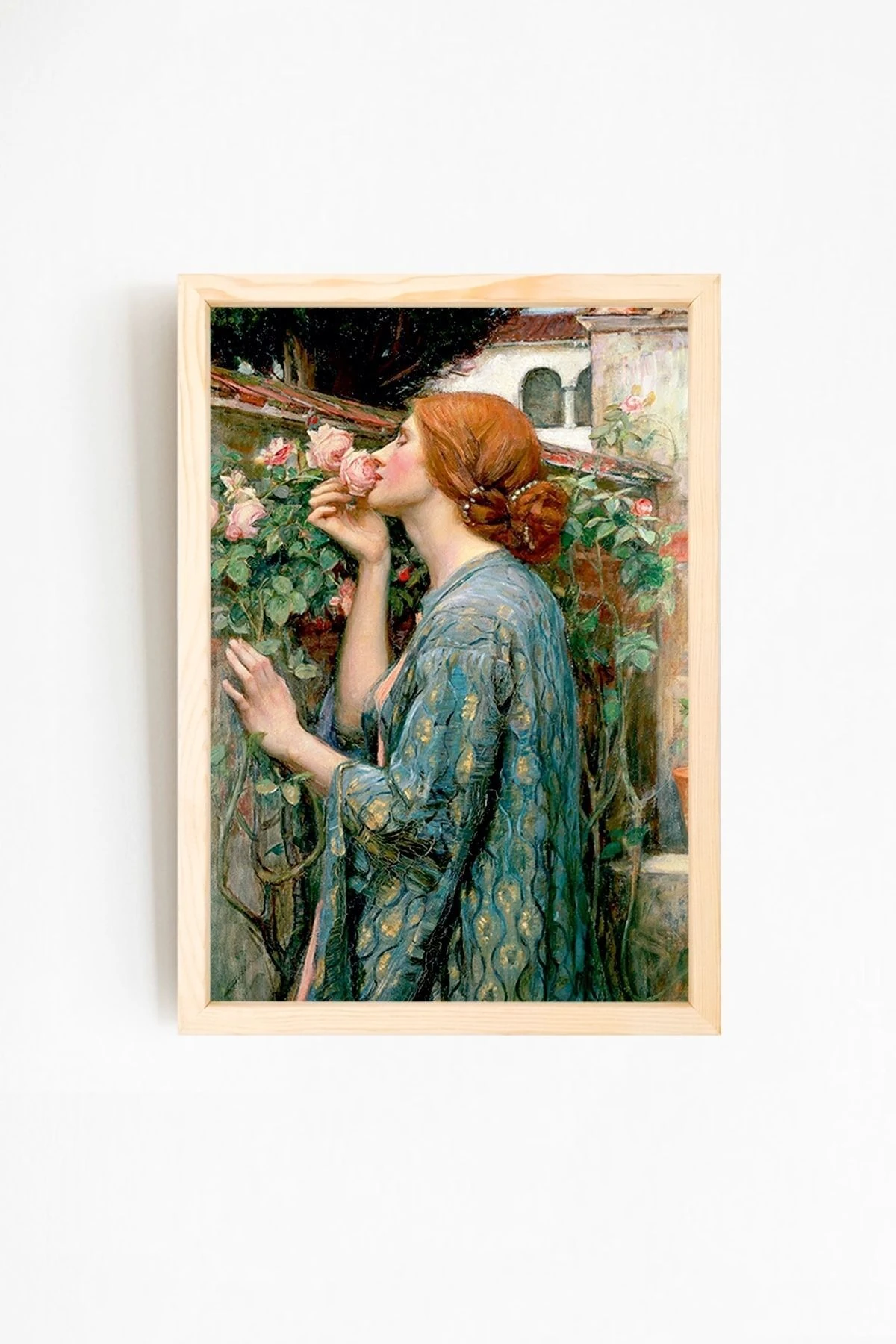Kadın ve Çiçek Doğal Ahşap Çerçeveli Tablo 02-3