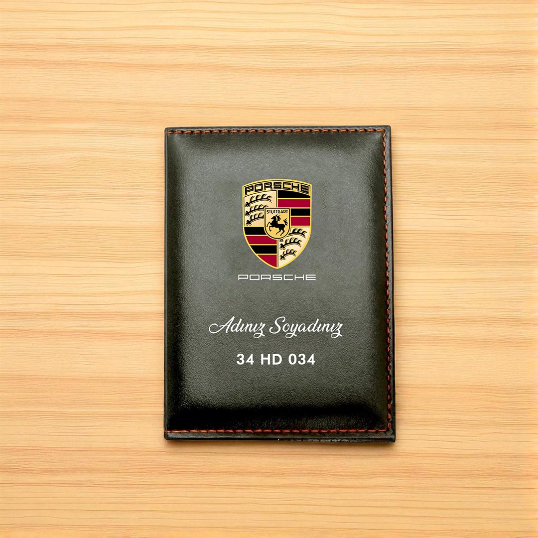 Porsche Logolu Kişiye Özel Deri Ruhsat Kabı