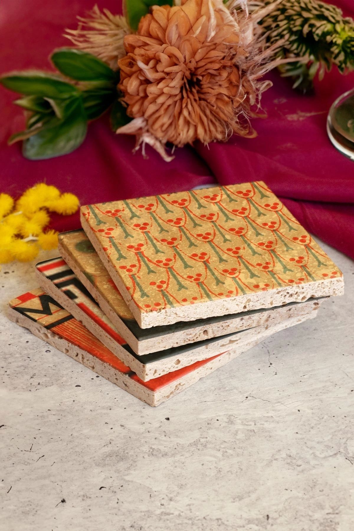 Desenler 4lü Set Taş Bardak Altlığı Desen01