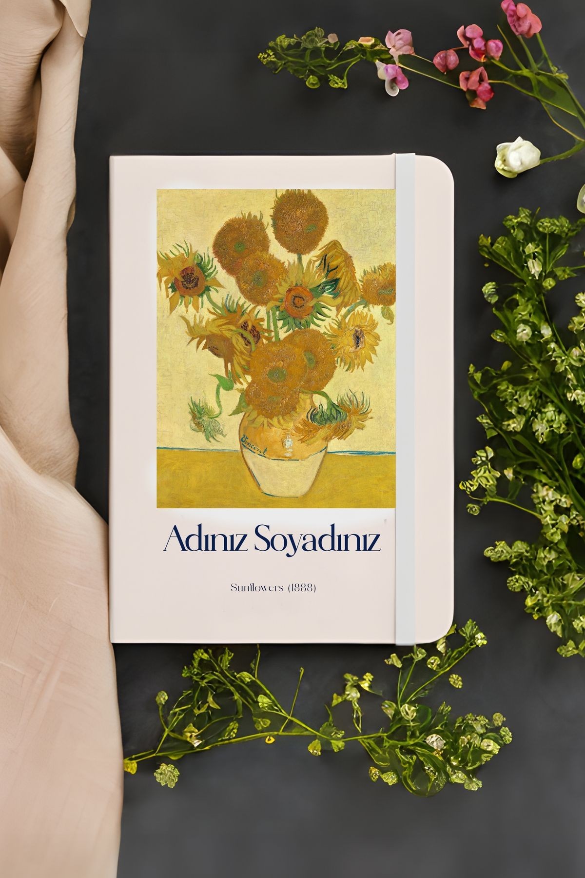 Kişiye Özel Termo Deri Vincent van Gogh - Onbeş Ayçiçekli Vazo Tasarımlı Defter