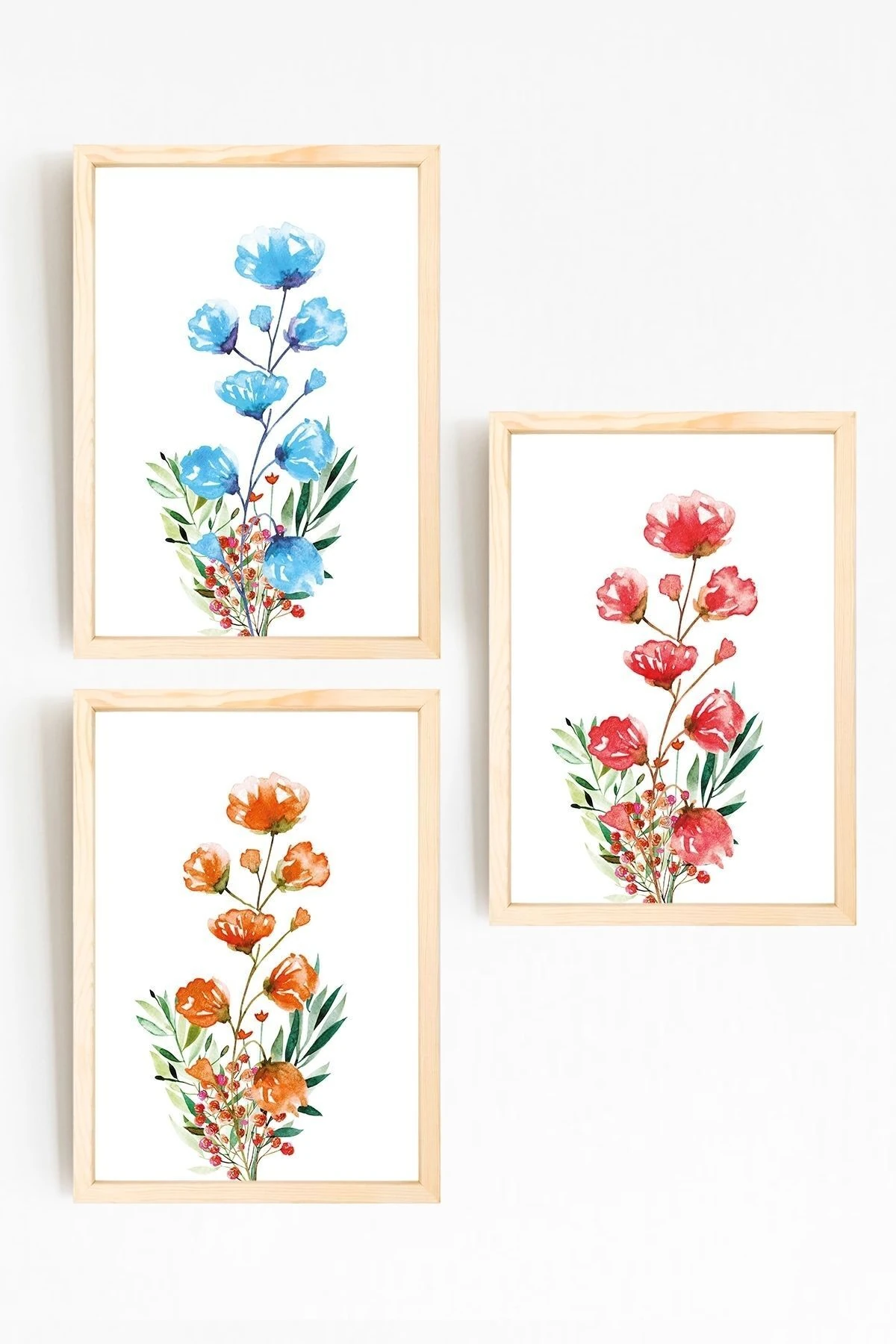 Çiçekler Doğal Ahşap Çerçeveli 3 lü Tablo