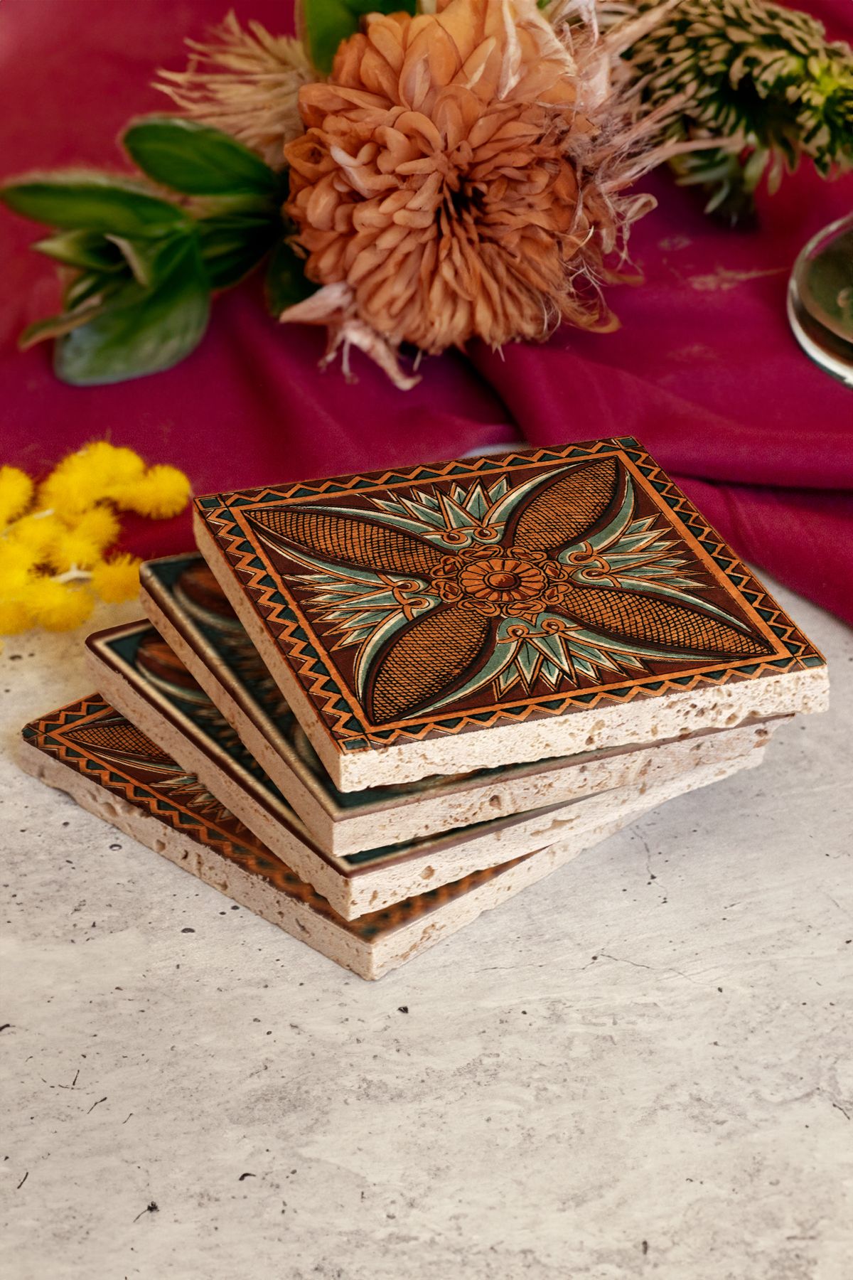 Desenler 4lü Set Taş Bardak Altlığı Desen01