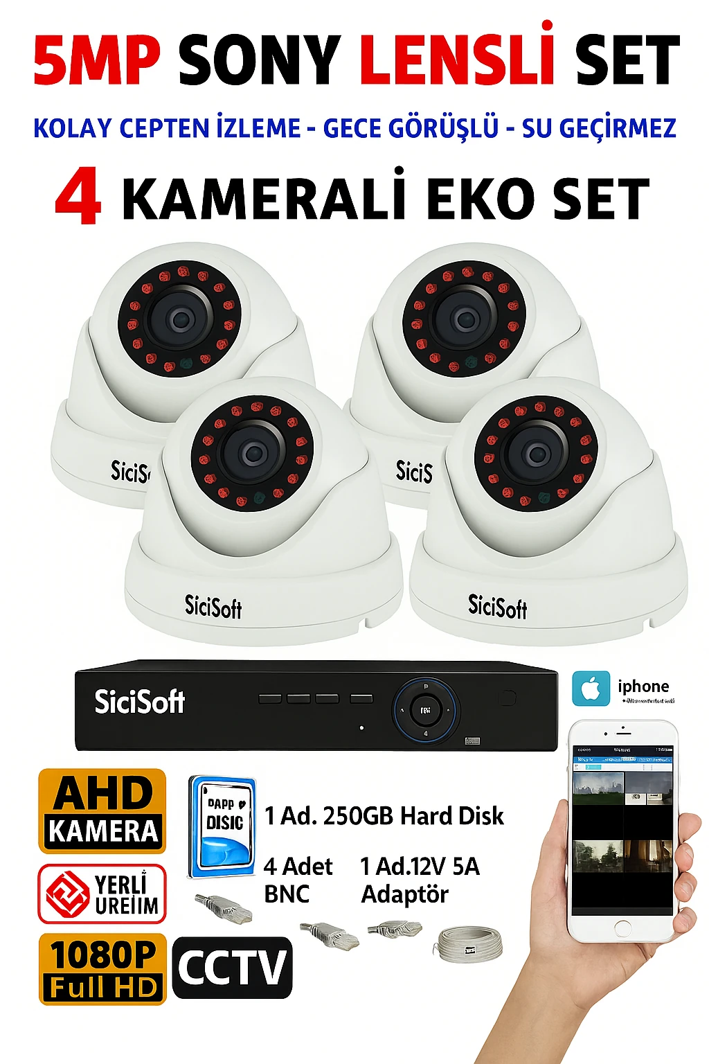 4 Kameralı 5MP Lensli 1080P FullHD Güvenlik Kamerası Sistemi - Cepten İzleme
