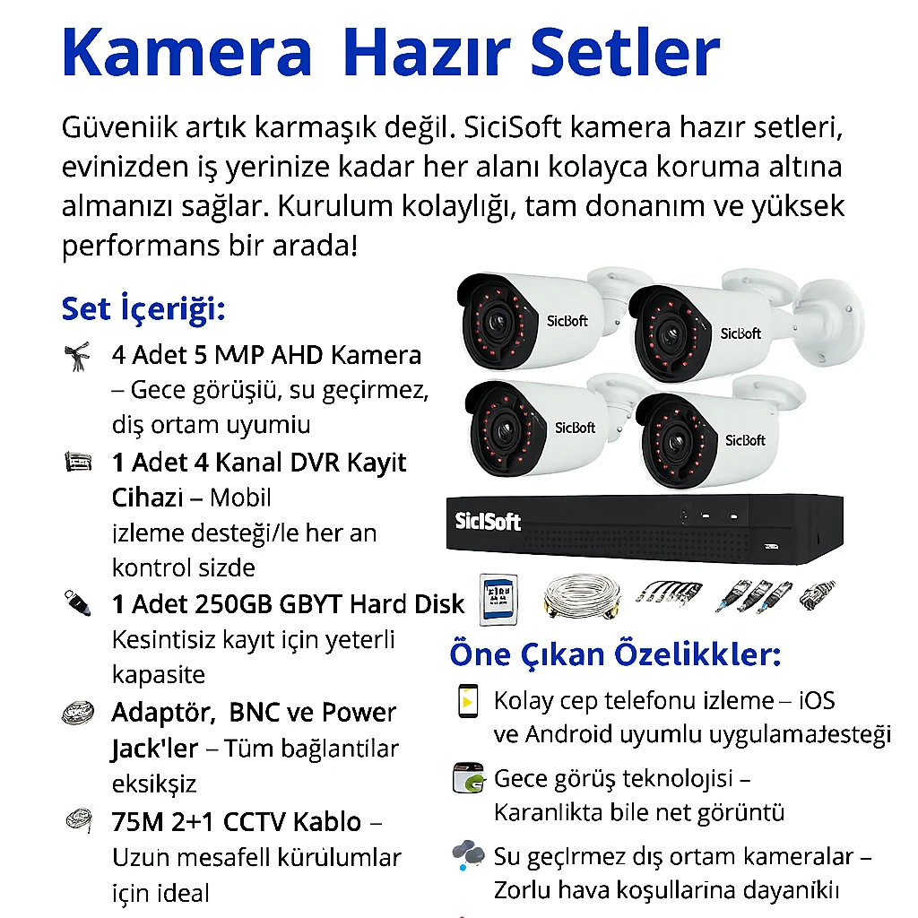 4 KAMERALI  FULLHD GECE GÖRÜŞLÜ GÜVENLİK KAMERASI SETİ - CEPTEN İZLE - 1080P