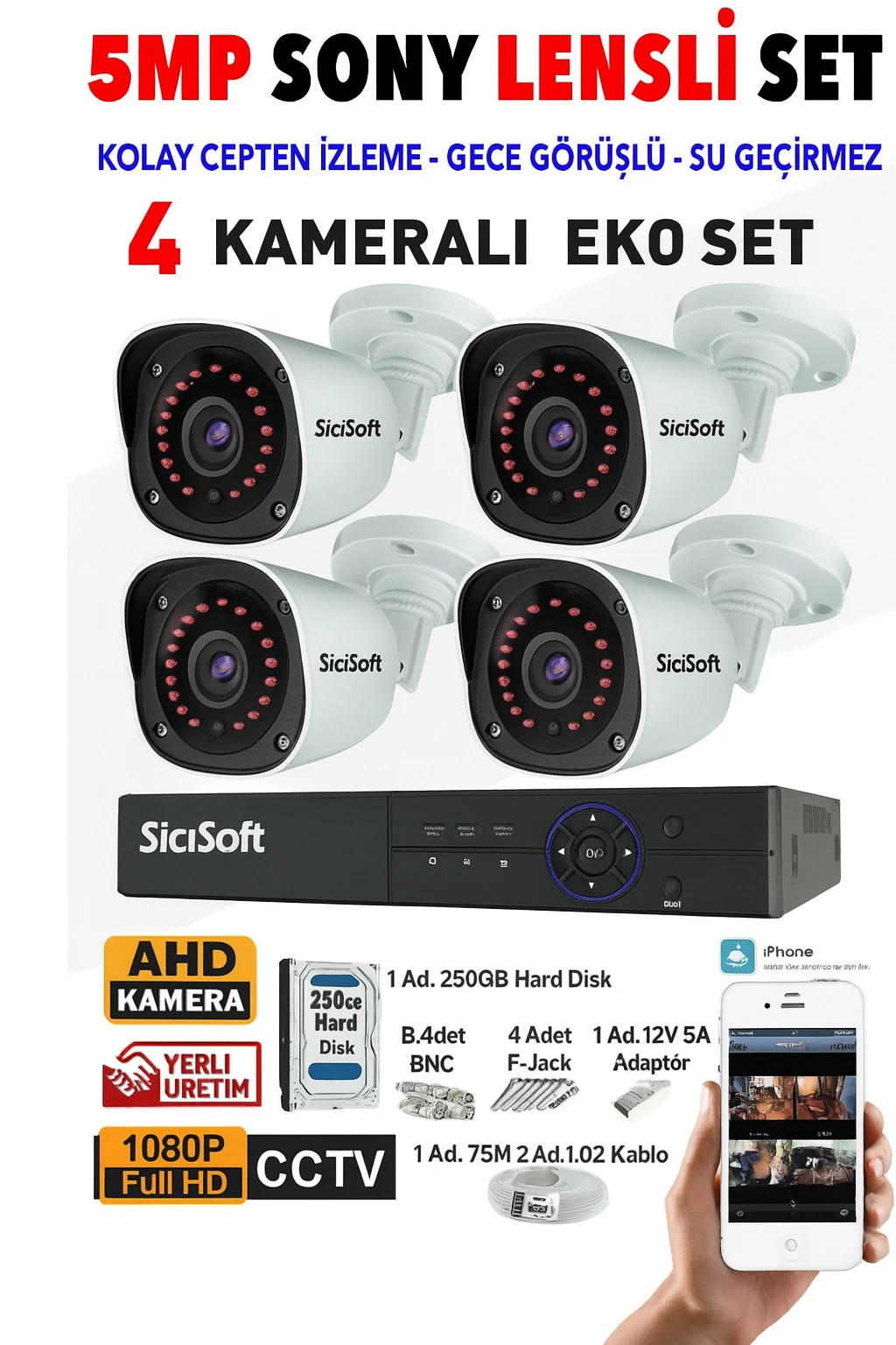 4 KAMERALI  FULLHD GECE GÖRÜŞLÜ GÜVENLİK KAMERASI SETİ - CEPTEN İZLE - 1080P