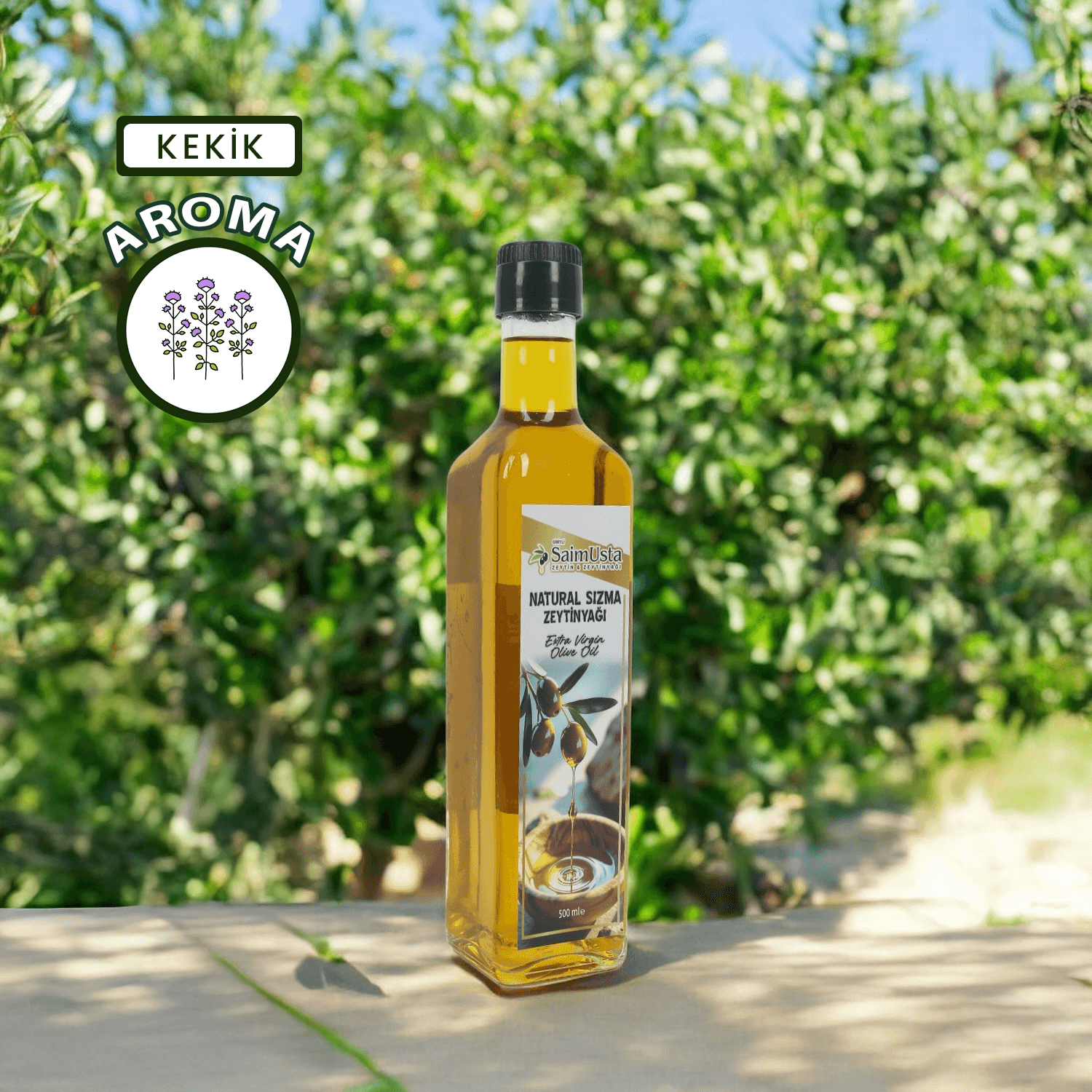 Soğuk Sıkım Natürel Sızma Aromalı Zeytinyağı 500ml Cam Şişe - Kekikli