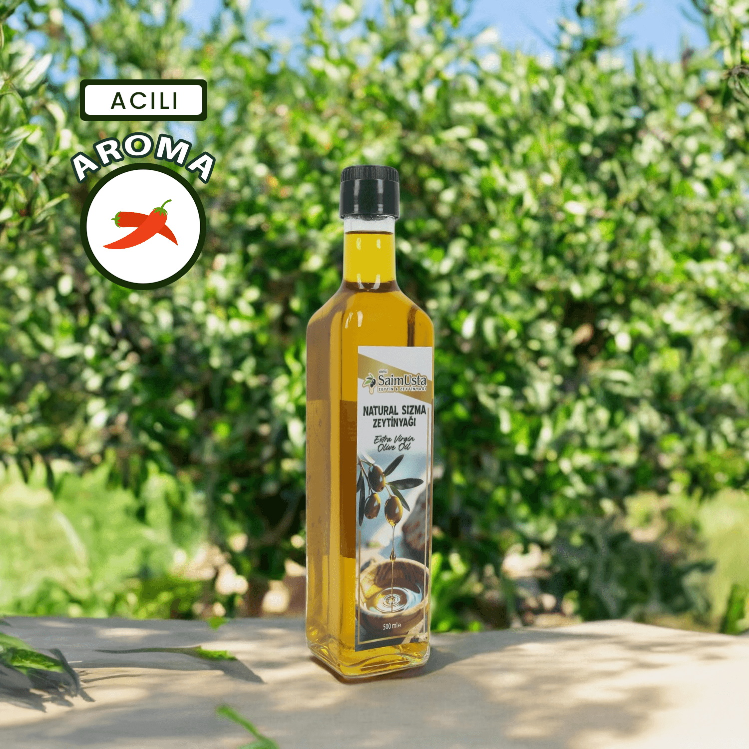 Soğuk Sıkım Natürel Sızma Aromalı Zeytinyağı 500ml Cam Şişe - Acılı