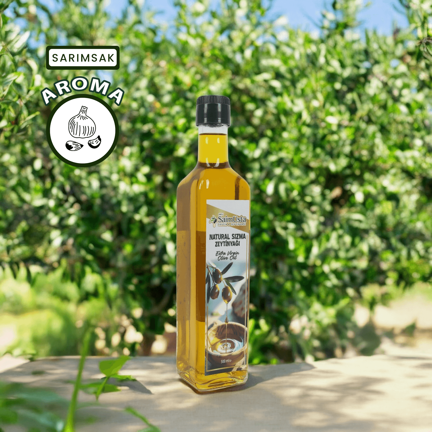 Soğuk Sıkım Natürel Sızma Aromalı Zeytinyağı 500ml Cam Şişe - Sarımsaklı
