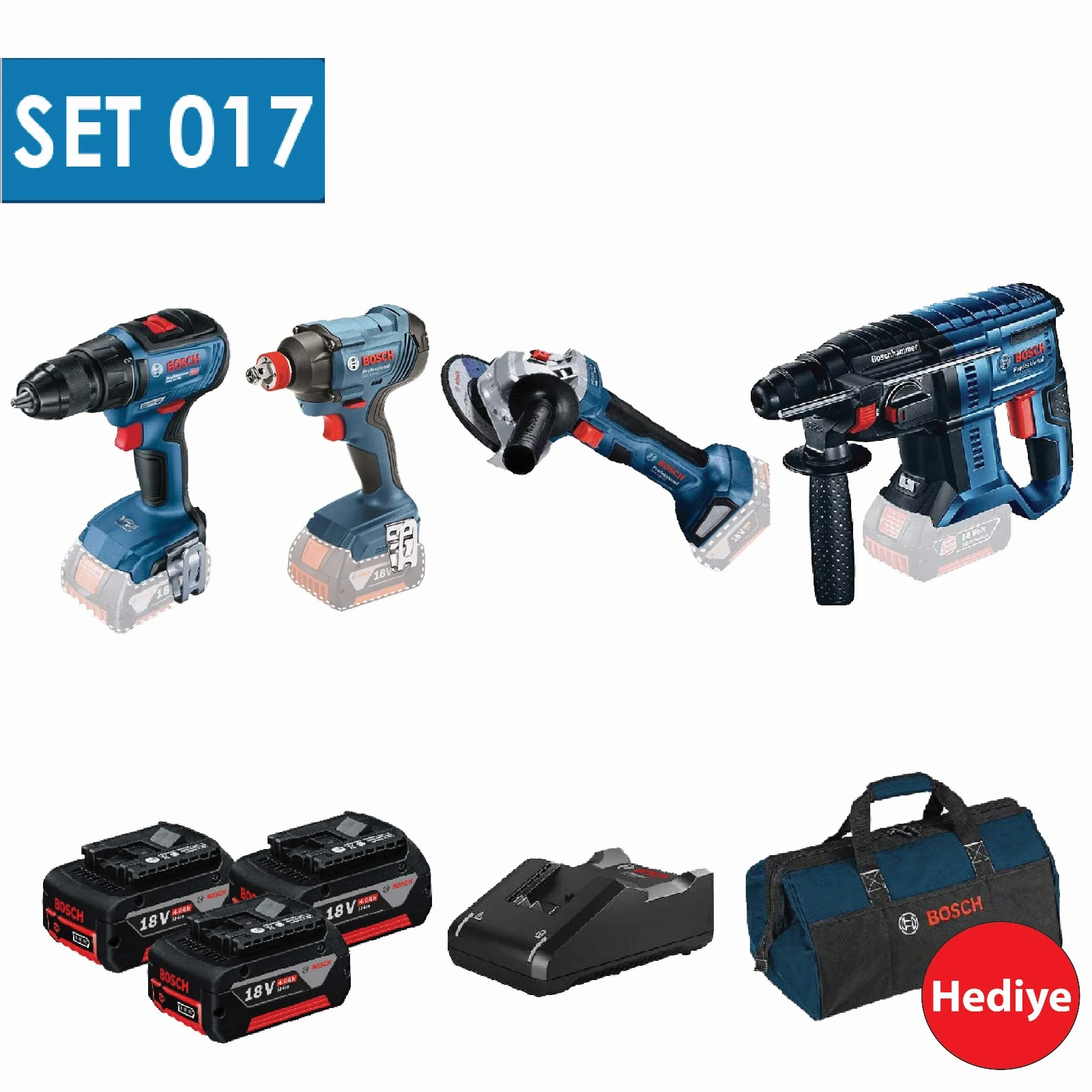 BOSCH 4 LÜ SET GSR 18V-50+GDX 180-LI+GWS 18V-8+GBH 180-LI+3X5.0AH AKÜ+TAŞIMA ÇANTASI