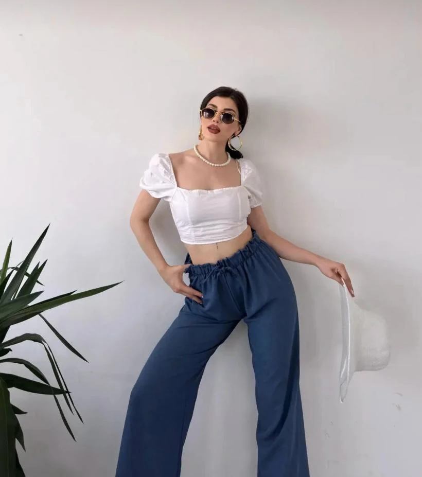 YUKSEK BEL BUZGU PANTOLON MAVI VE KHV