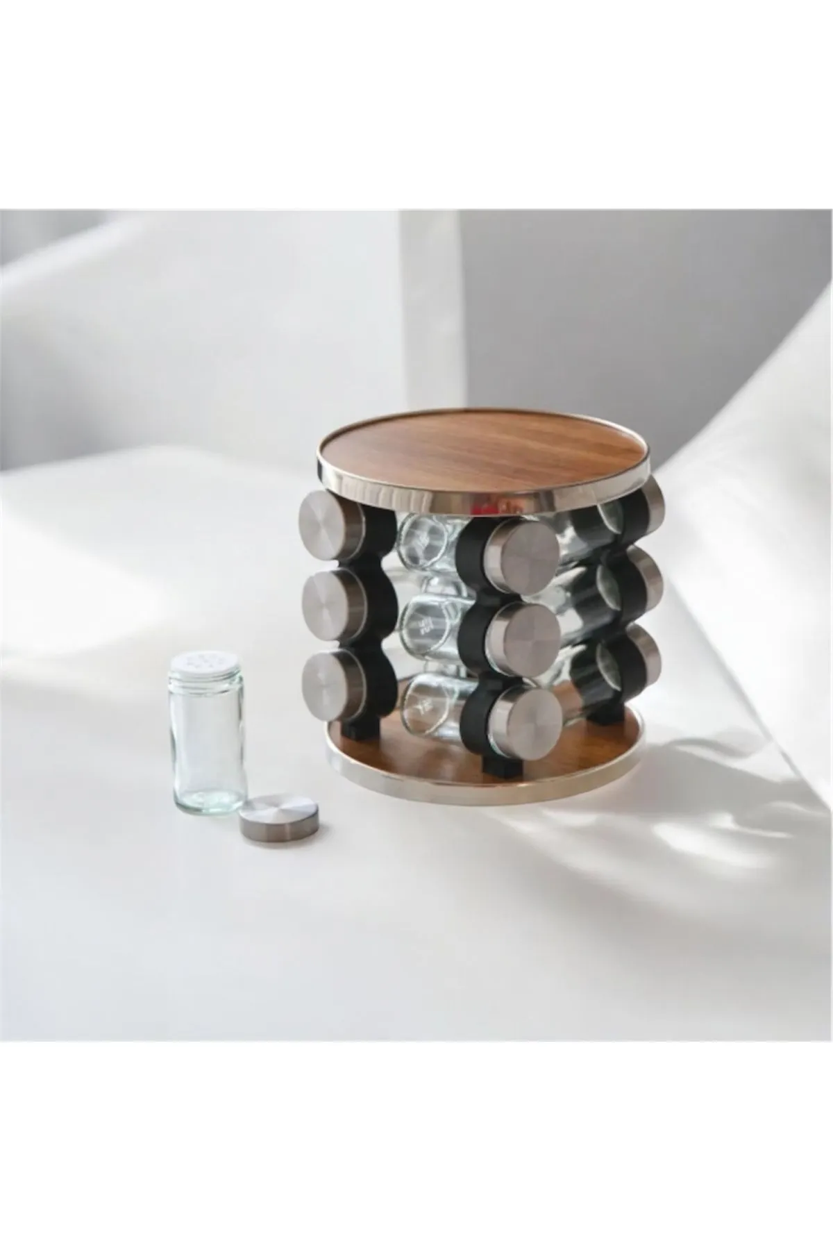 Yuvarlak Ahşap Dönerli Baharat Takımı 12’li