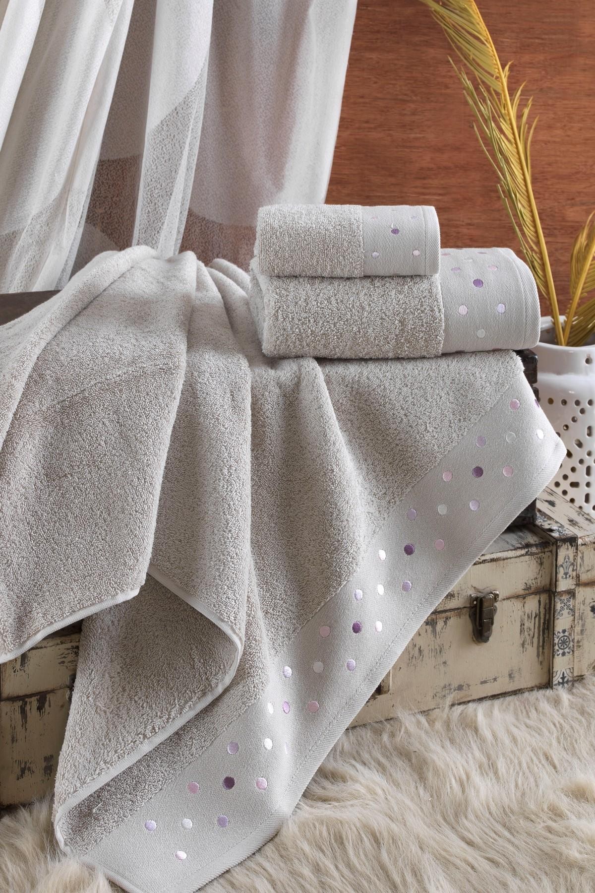 %100 Pamuklu 3 Parça Romantik Puantiyeli Banyo Havlu Seti | Hamam Takımı | Çeyiz Seti