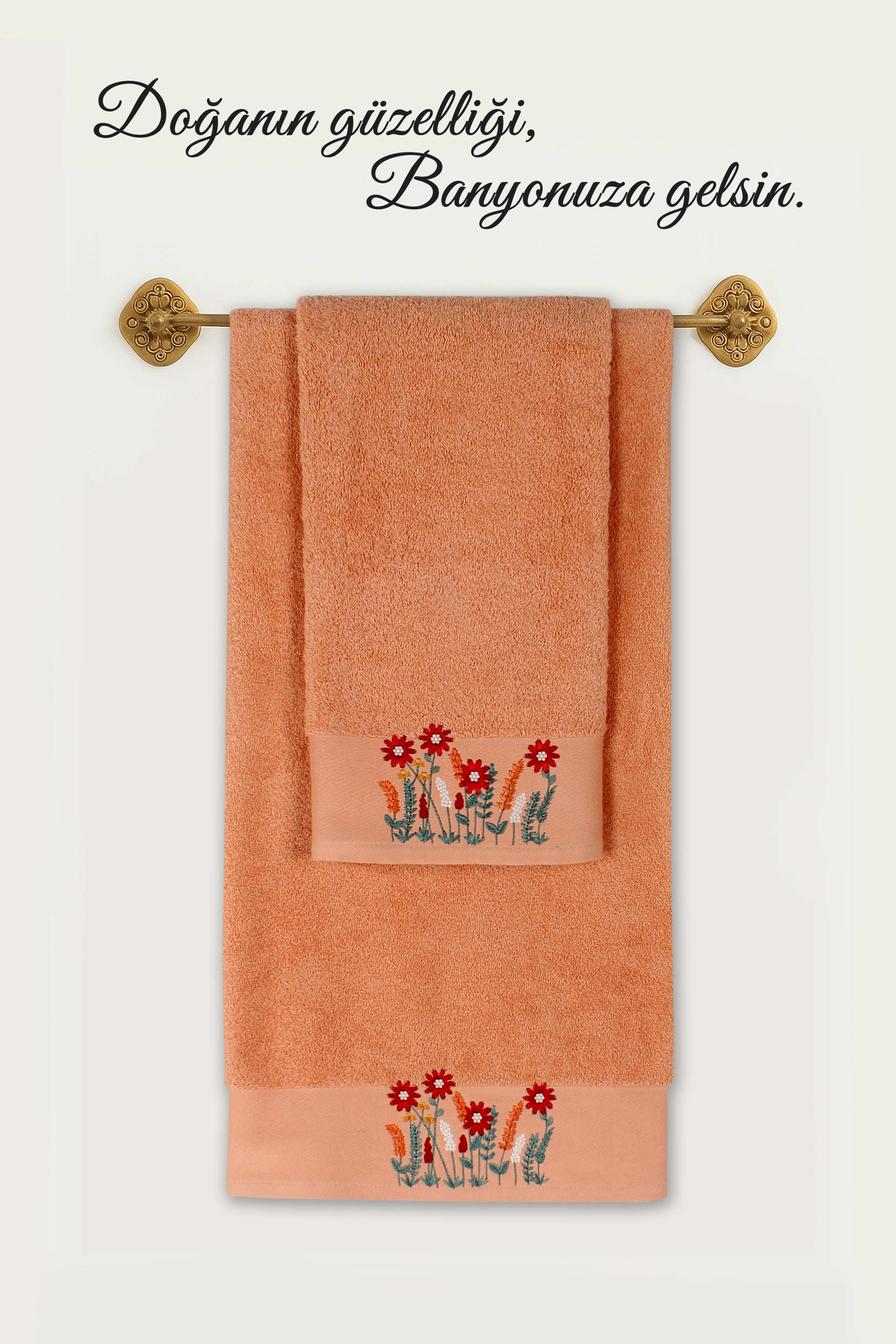 Salvia %100 Pamuklu Nakışlı  Lüks Havlu Seti | Yüz (50x100 cm) & Banyo (70x140 cm)|(2 Parça)