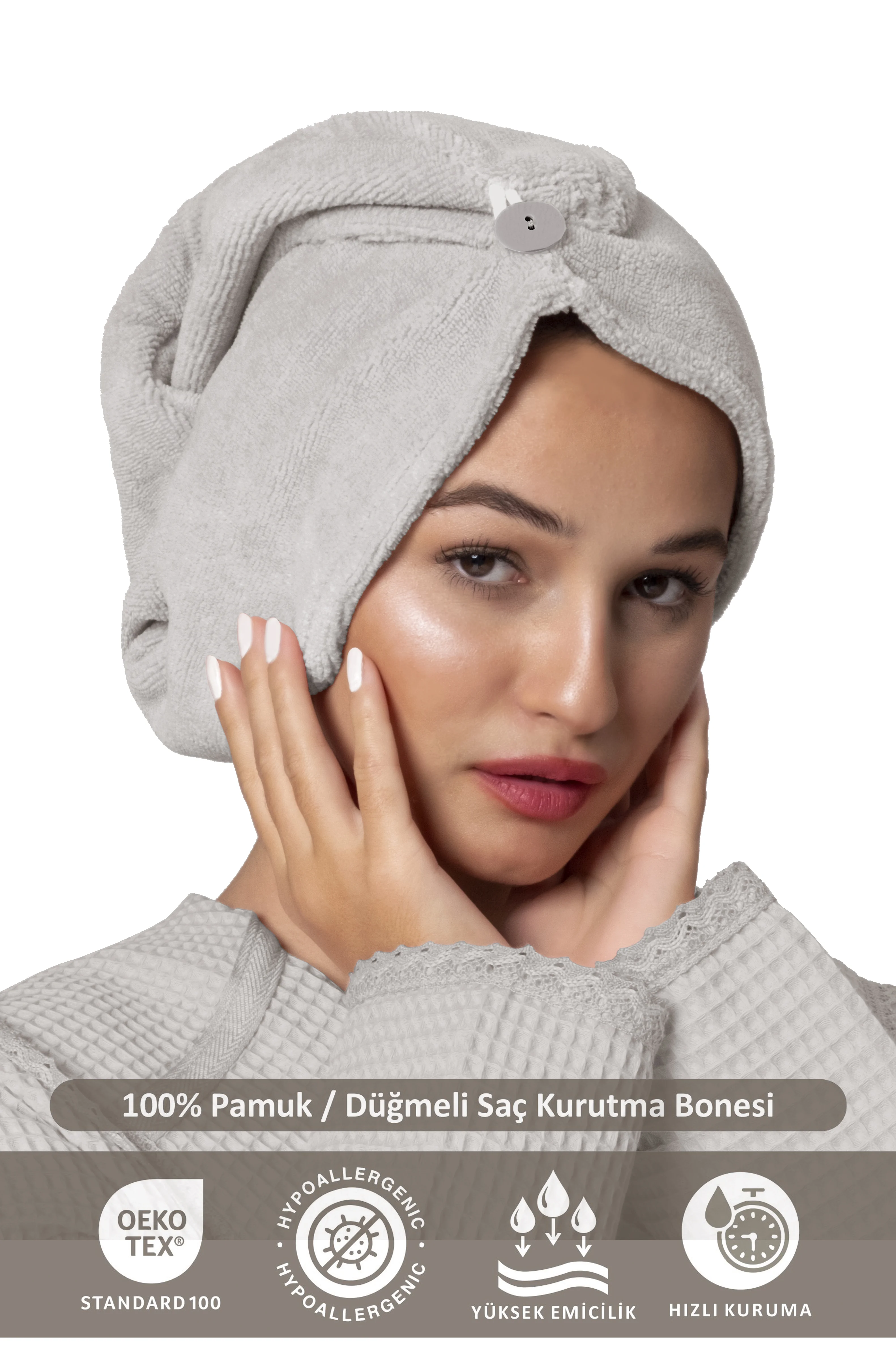 Camellia %100 Pamuk Saç Kurutma Bonesi | Lastikli ve Düğmeli Havlu Bone