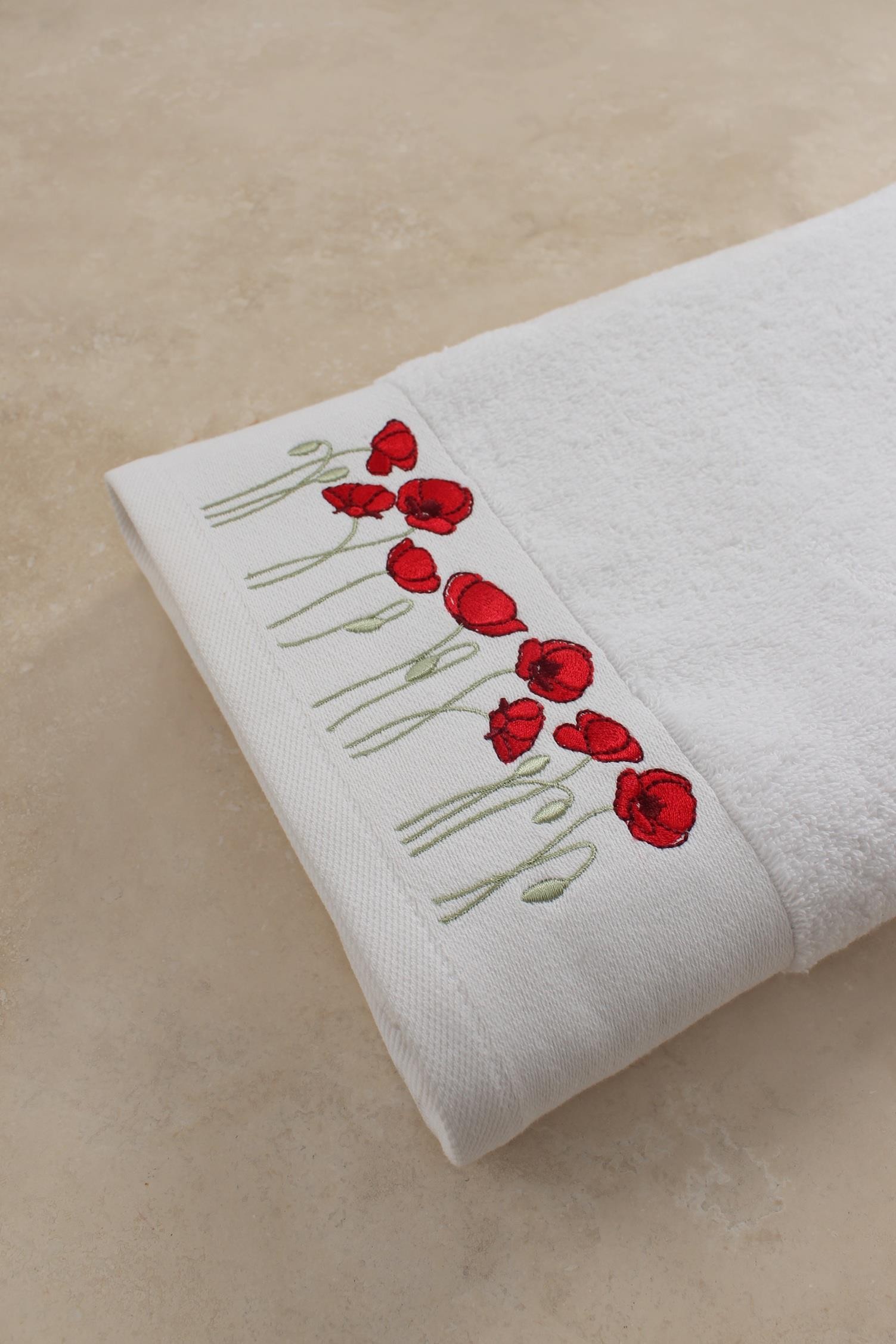 Gelincik %100 Pamuklu Nakışlı Çeyizlik Lüks Banyo Havlusu 70x140 cm - Yumuşak, Emici, Kaliteli - Banyo & Misafir Havlusu 