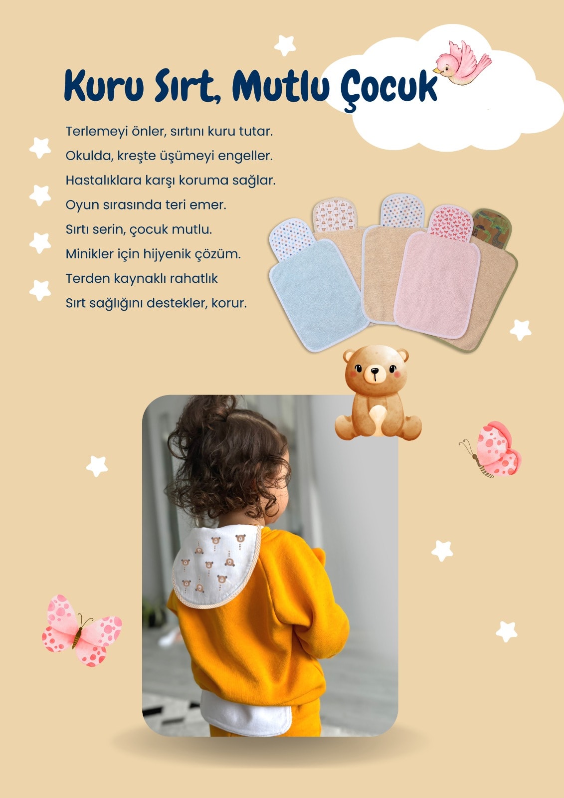 NEW BABY STAR| 4-6 YAŞ Nefes Alan Sırt Bezi %100 Pamuklu, Kreş ve Oyun Zamanı Havlu Ter Bezi
