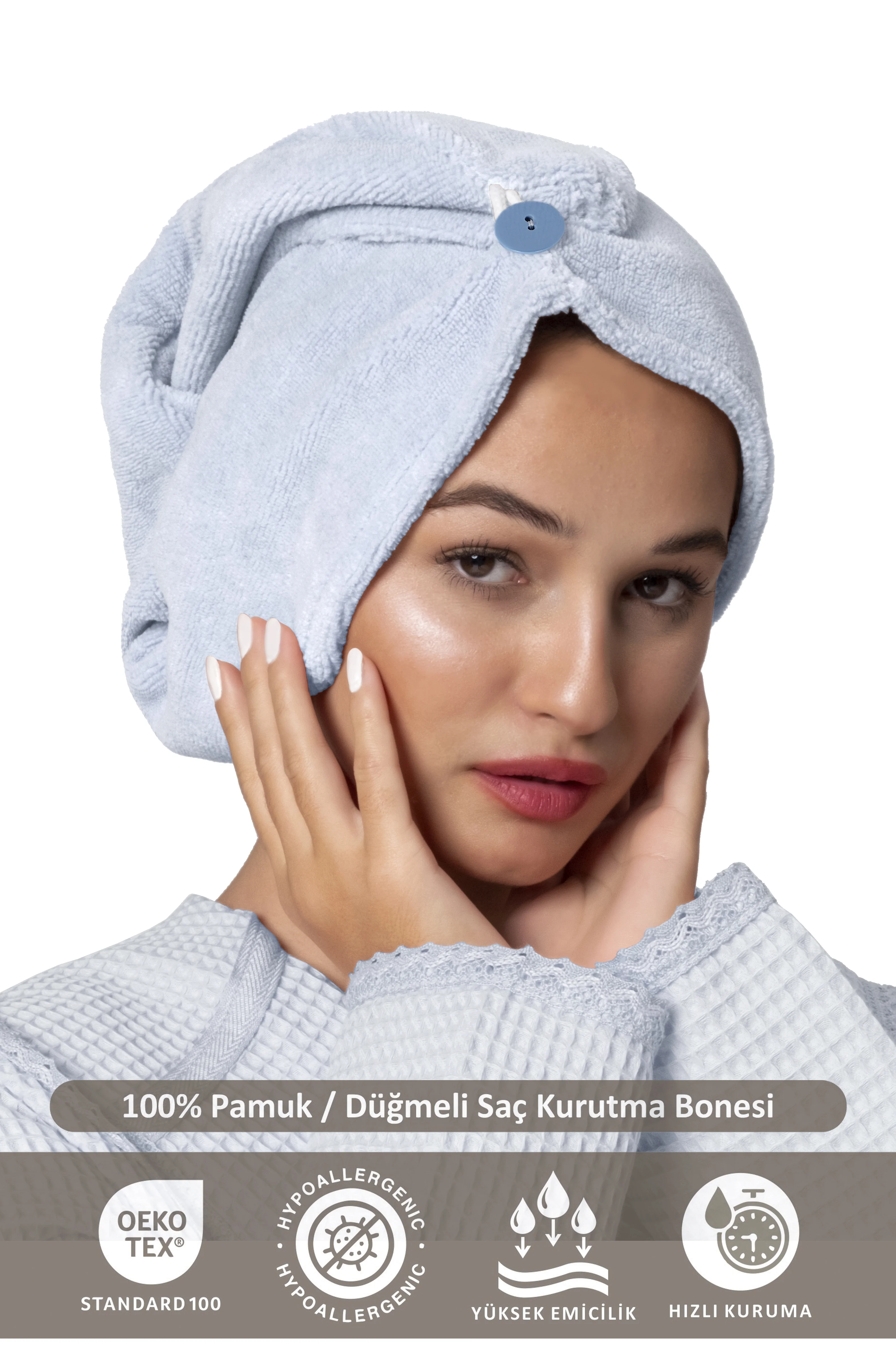  Marcella %100 Pamuk Saç Kurutma Bonesi | Lastikli ve Düğmeli Havlu Bone