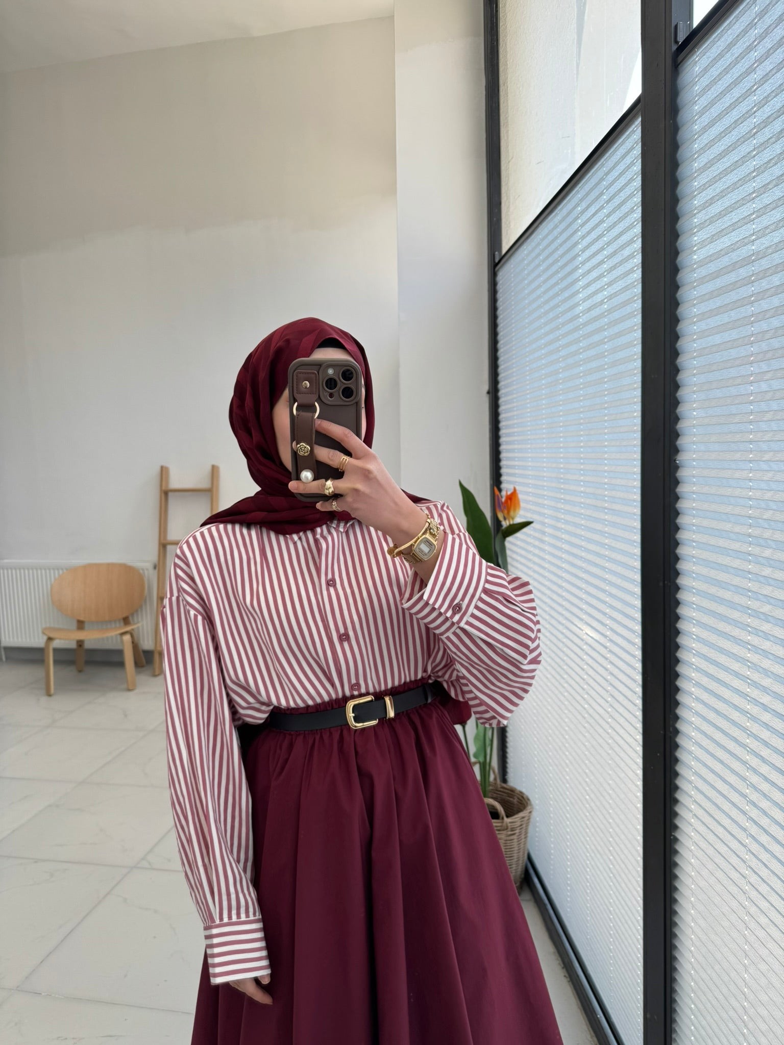 Bordo Çizgili Oversize Gömlek