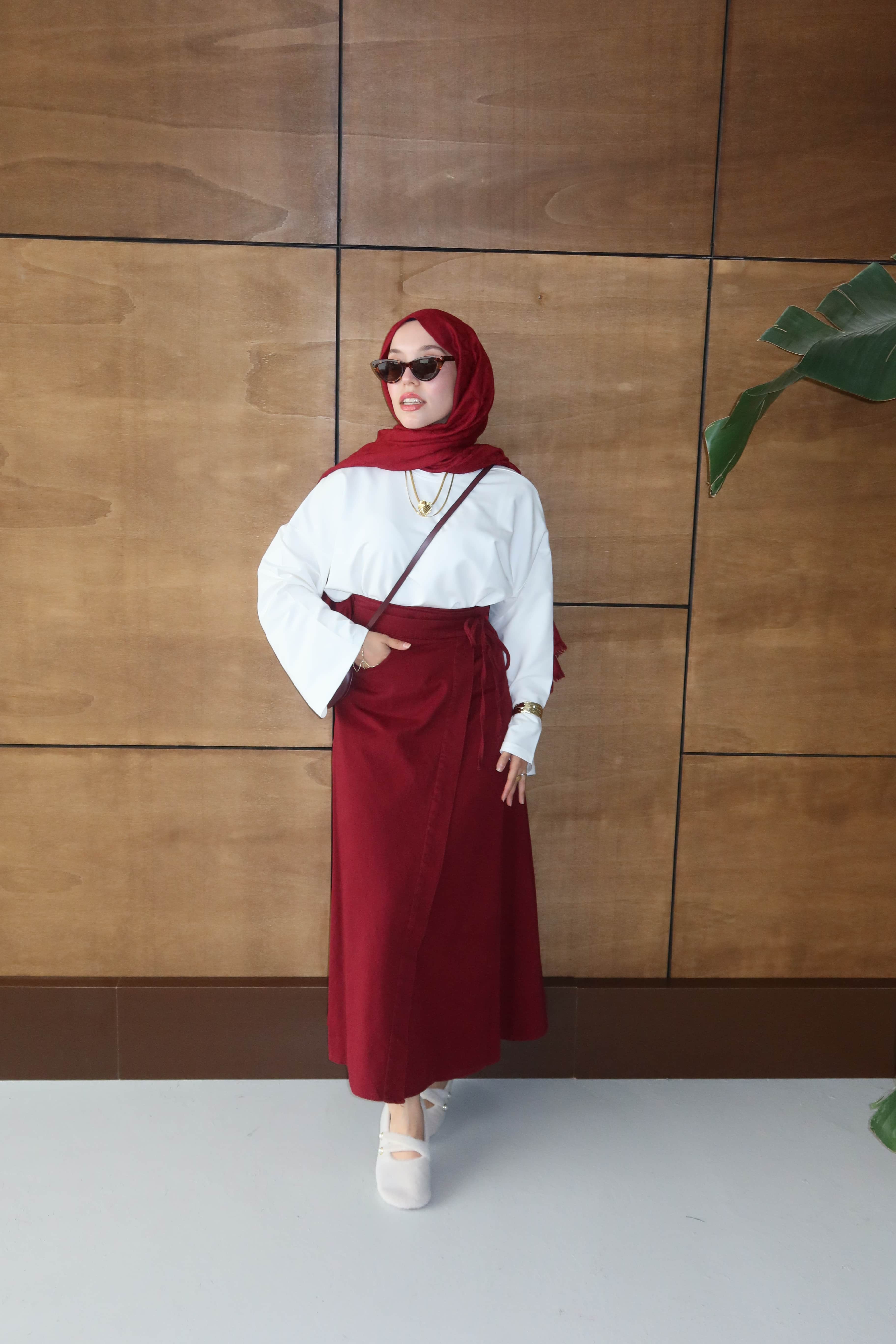 Bağlamalı Gabardin Etek - Bordo