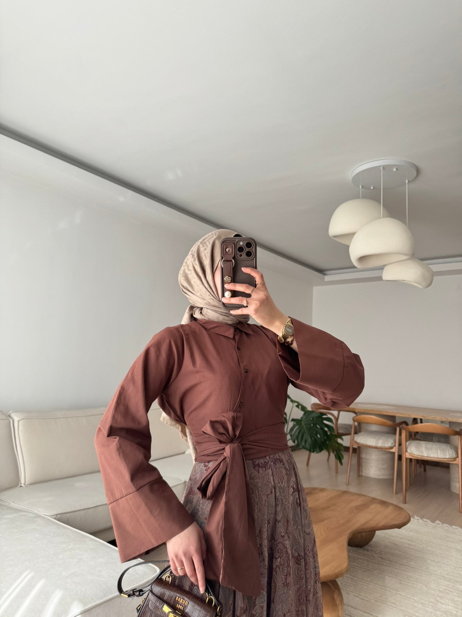 Bağlamalı Poplin Gömlek - Kahverengi