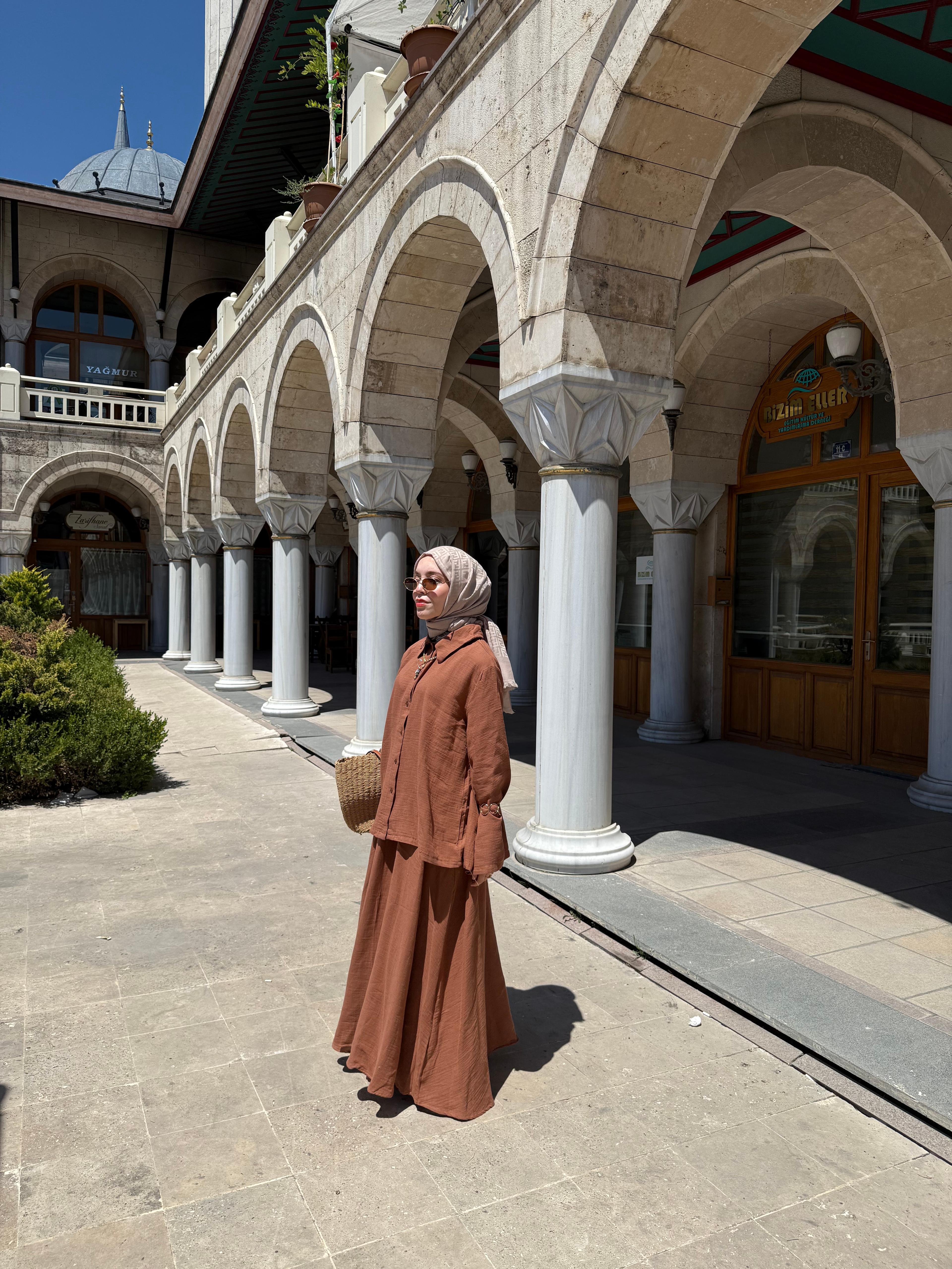 Hera Müslin Etekli Takım  - Kahverengi