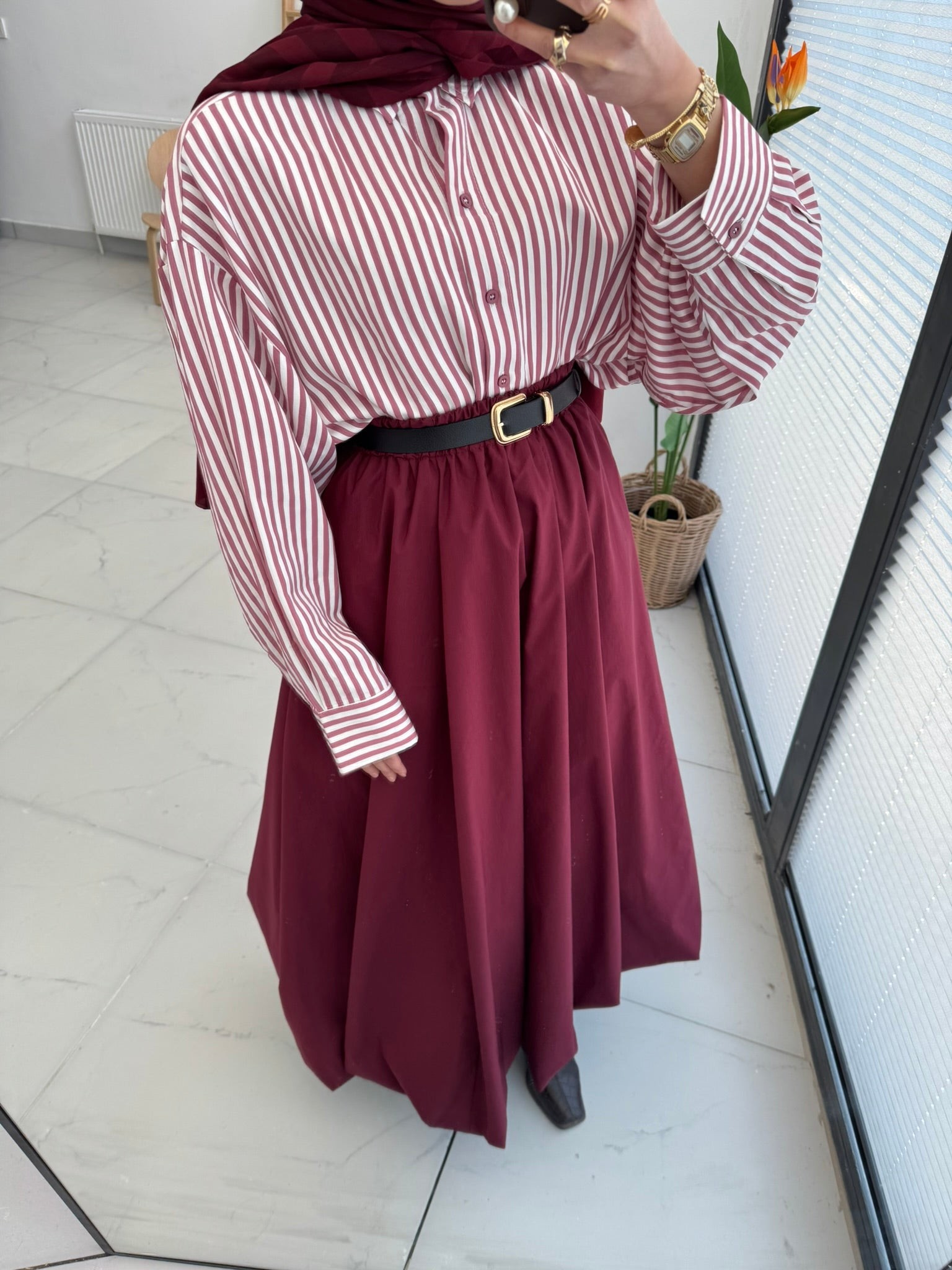 Bordo Çizgili Oversize Gömlek