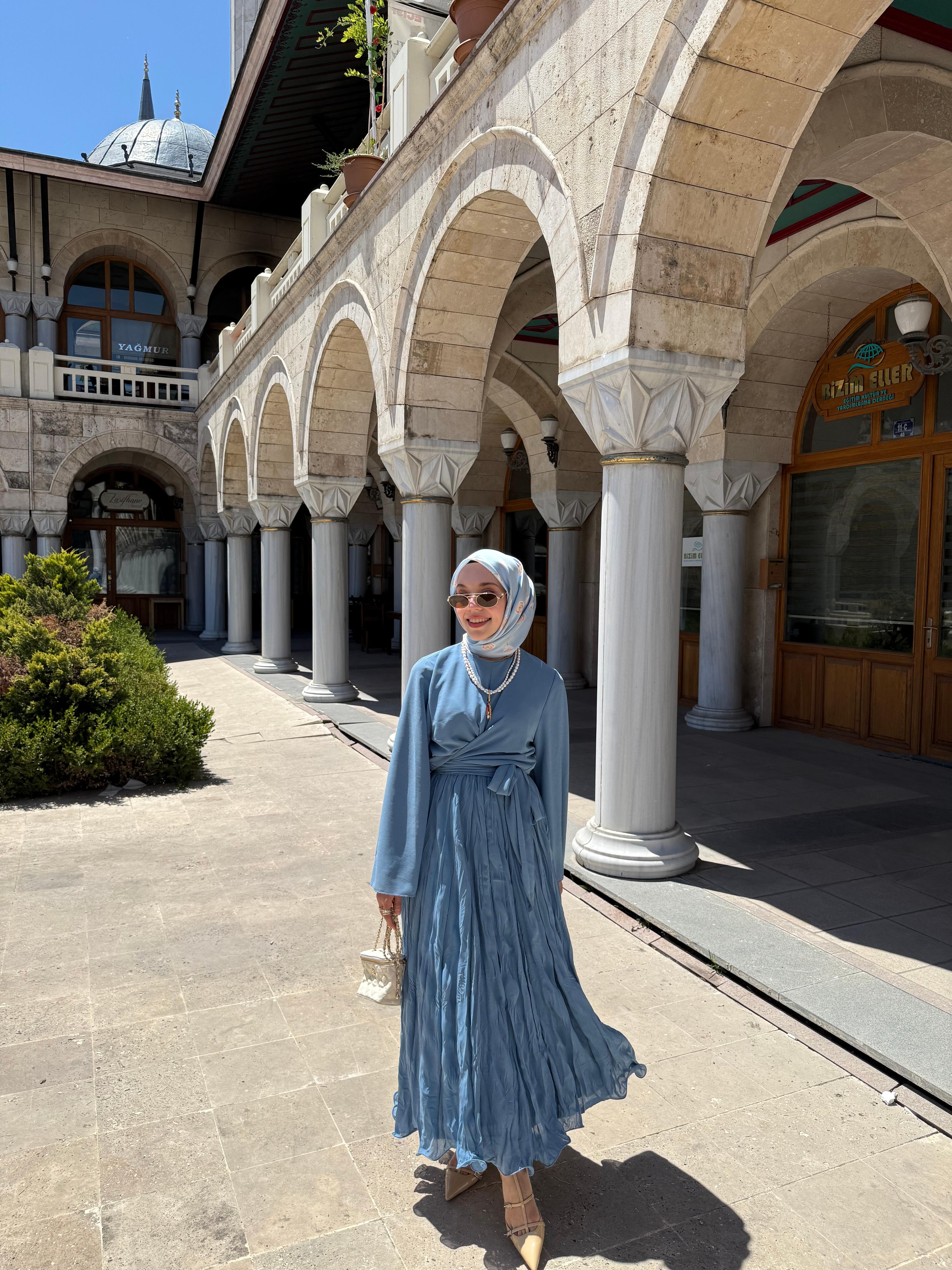 Moss Şifon Etekli Takım  - Mavi