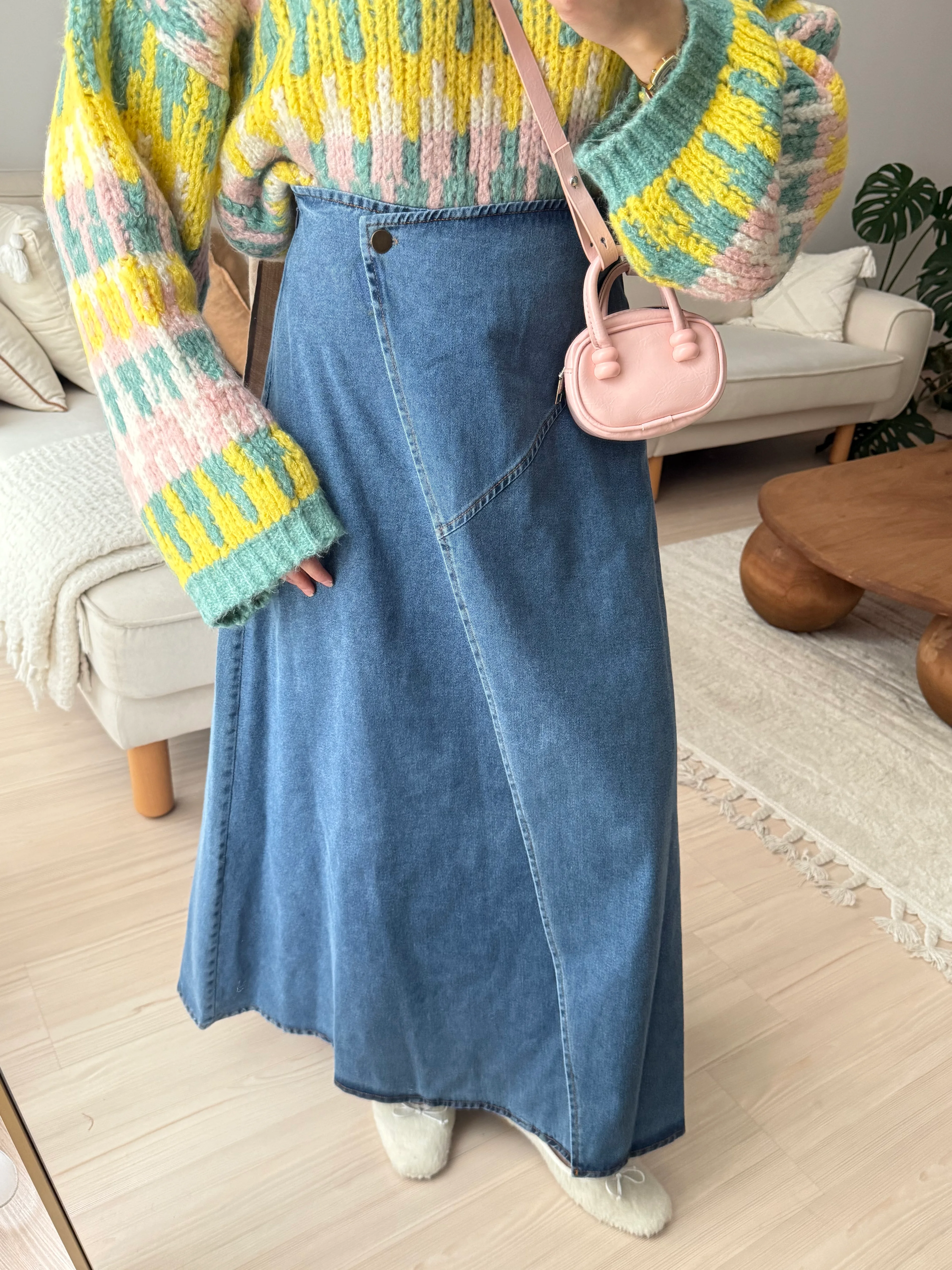 Düğme Detaylı Kot Etek 