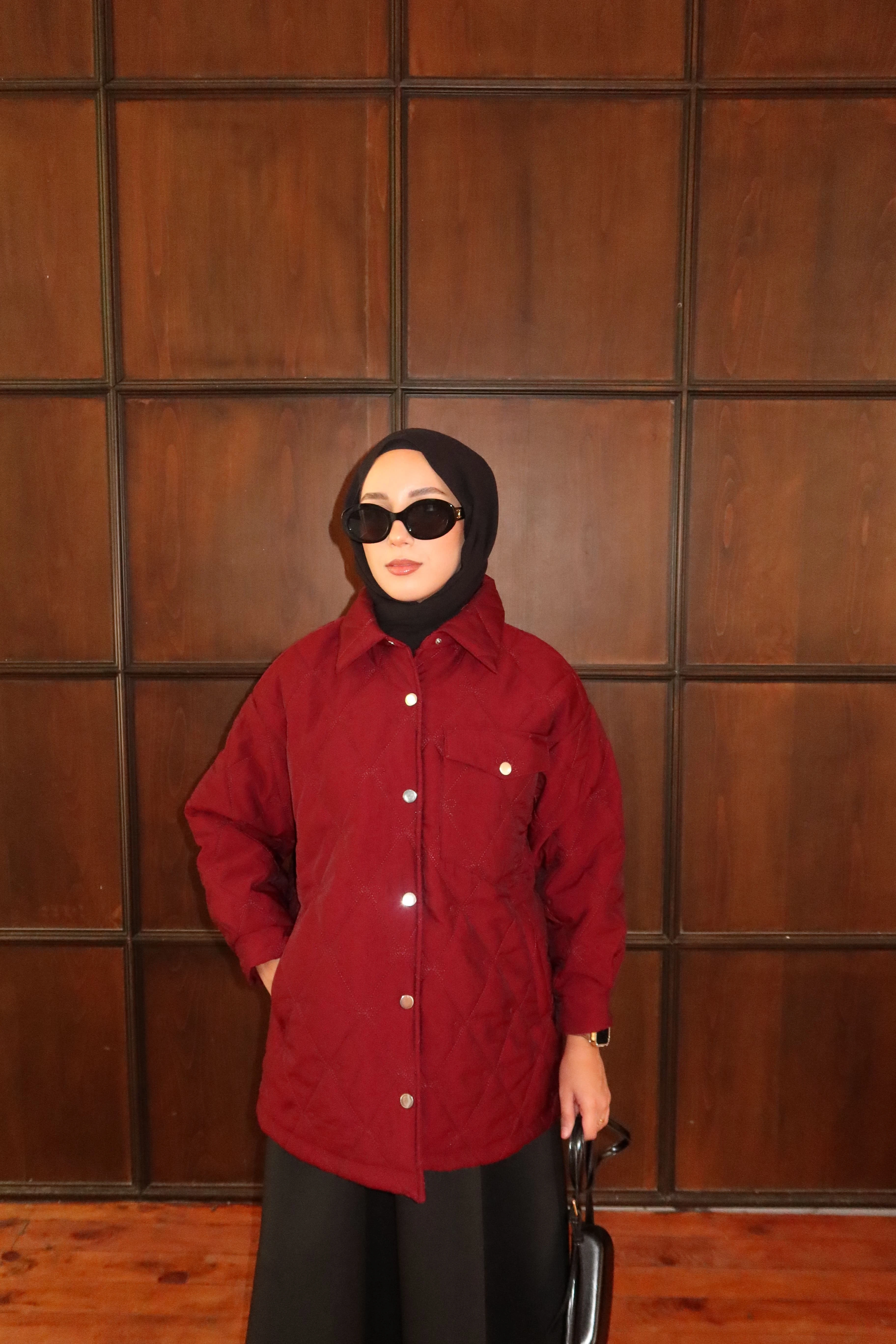 Fiyonk Nakışlı Kapitone Kaban  - Bordo