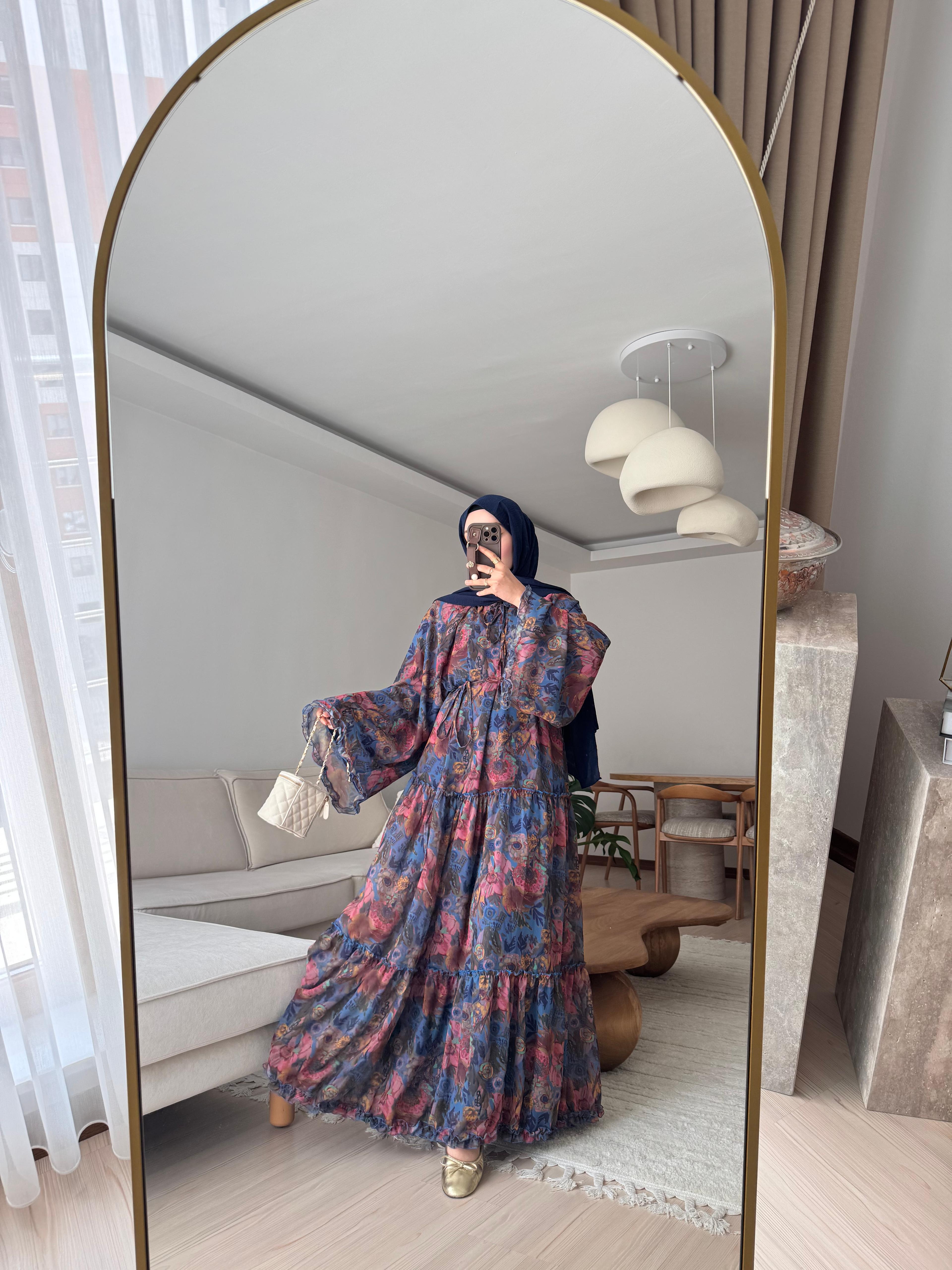 Mona Şifon Elbise - Lacivert Desenli